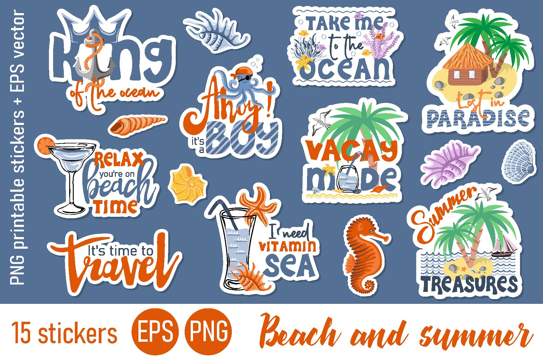 Beach and summer stickers| 15 png printable
