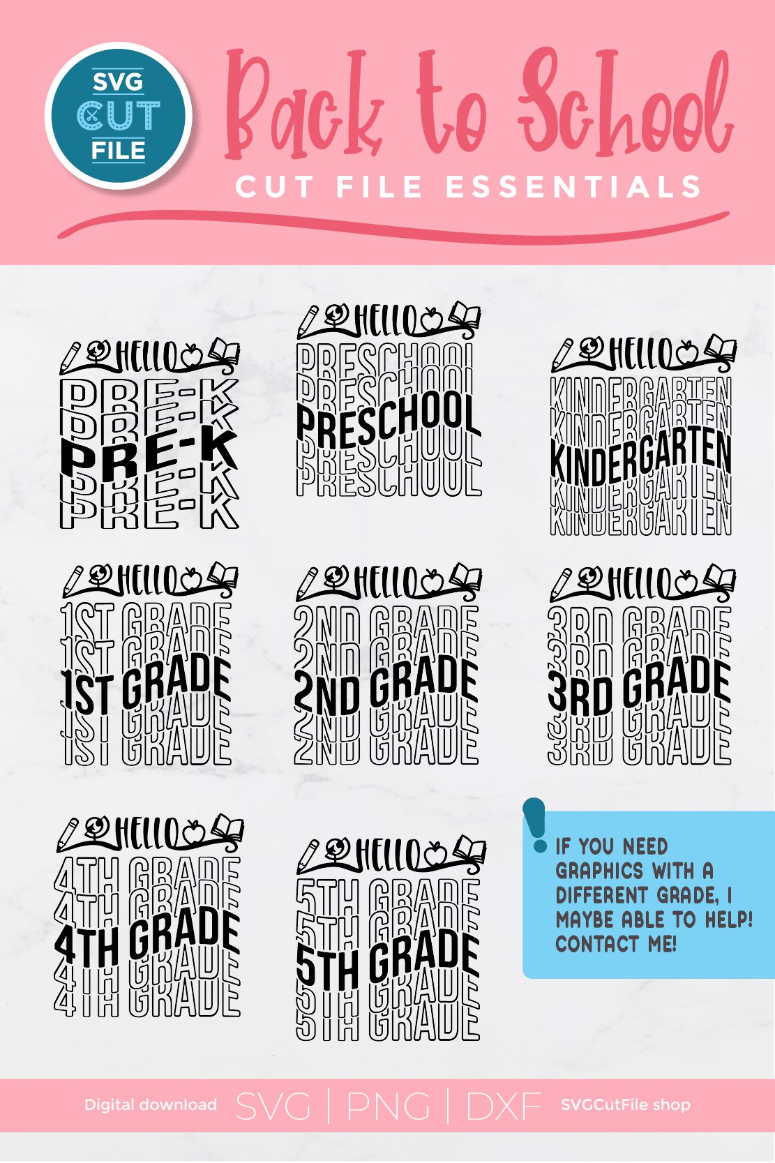School bundle svg with Pre-K, 1st grade, 2nd grade, 3rd, etc view 2