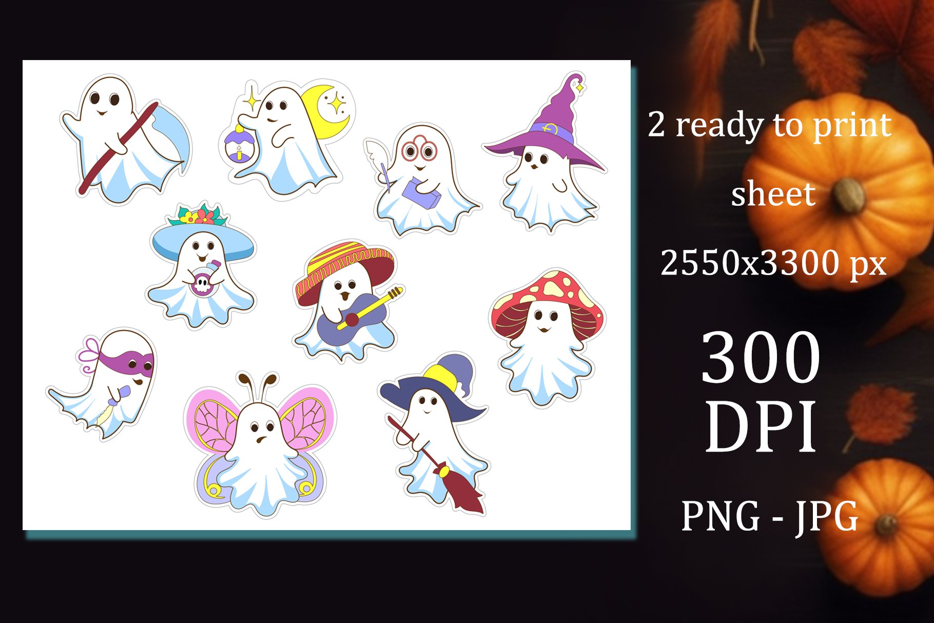 Spooky Cute Ghost Bundle | Halloween Printable Stickers Png view 2