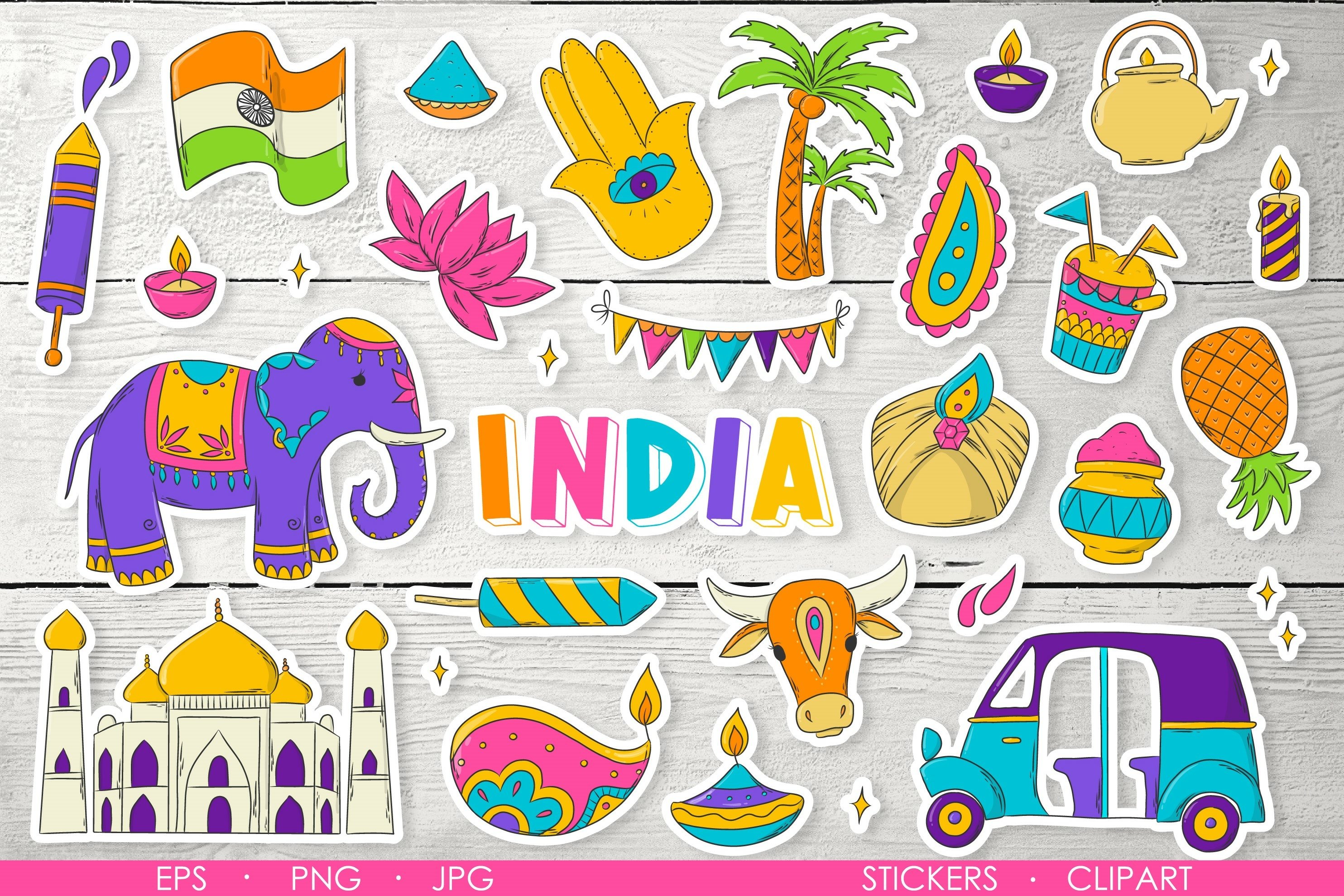 25 INDIA stickers, clip art, doodles set EPS PNG JPG
