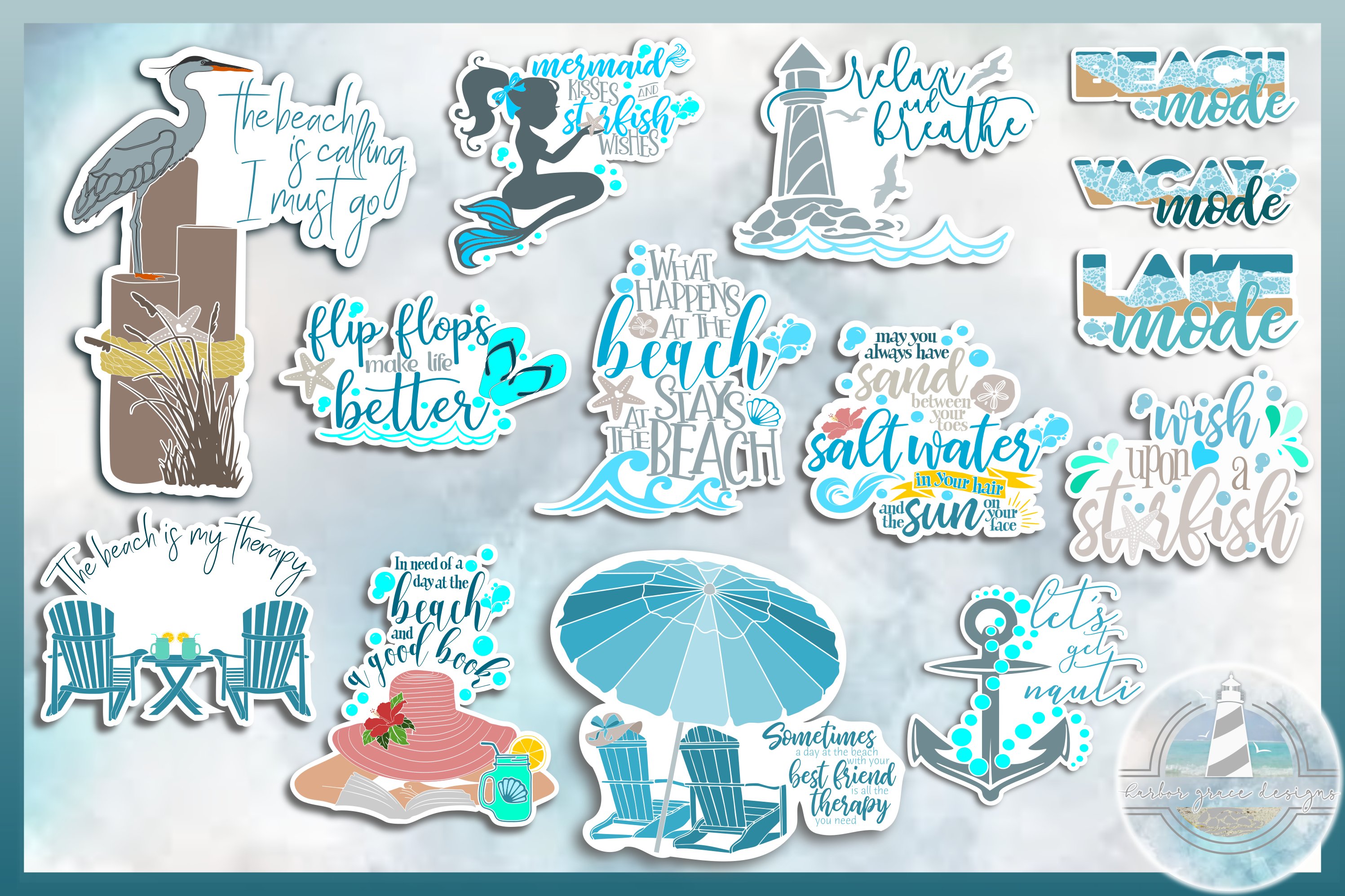 Summer Beach Quotes Printable Sticker Set - 300 dpi PNG imag view 3
