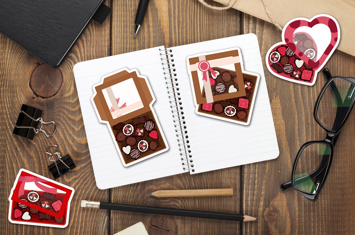 A set of stickers with boxes of sweets. Valentines Day view 2
