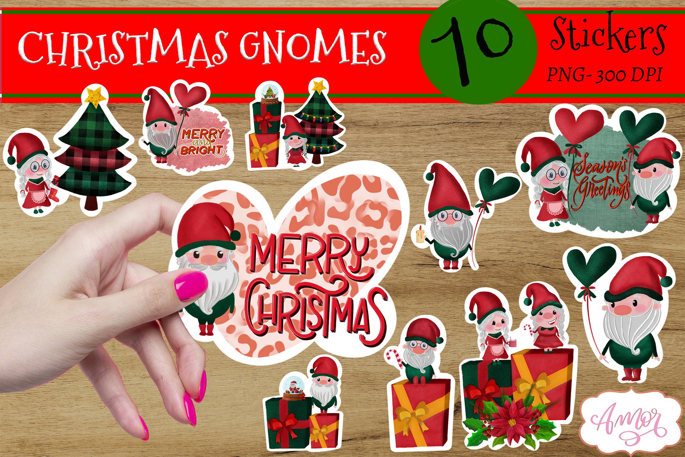 Christmas gnome stickers for print then cut, 10 PNG