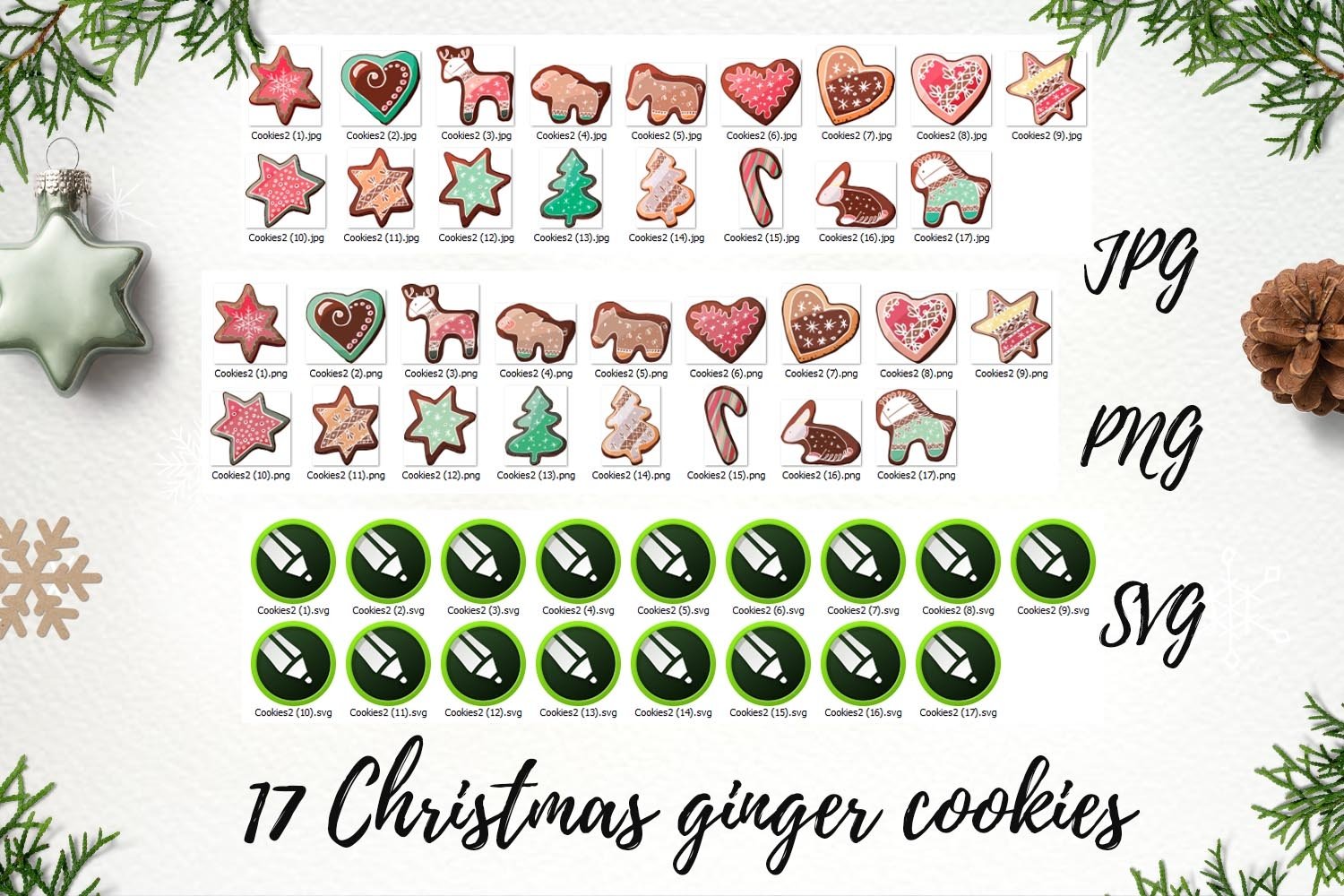 Christmas ginger cookies. Animals, trees, stars, hearts SVG view 2