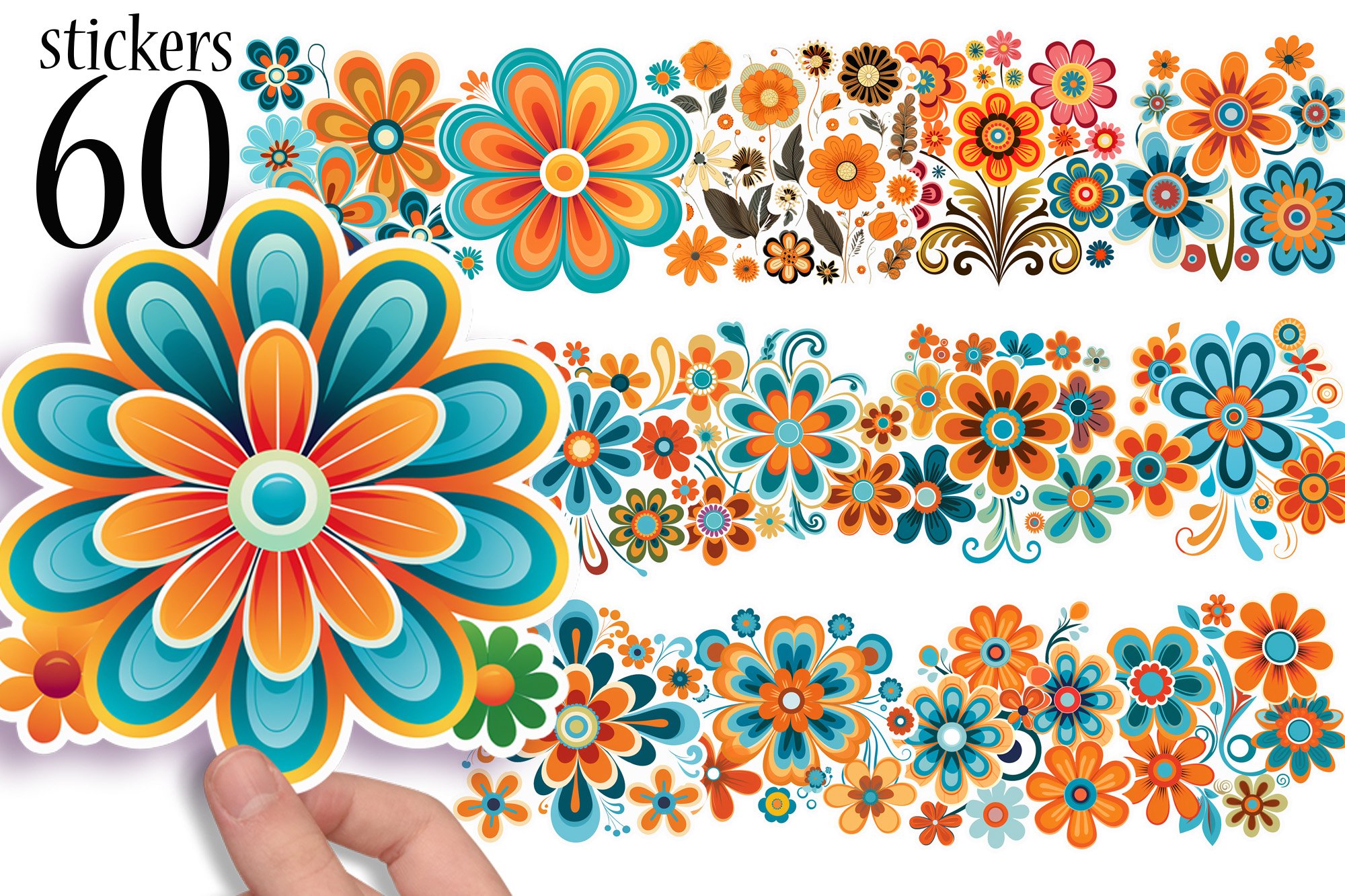 Flower PNG Stickers - 70s Flowers in Retro Sunset Colors