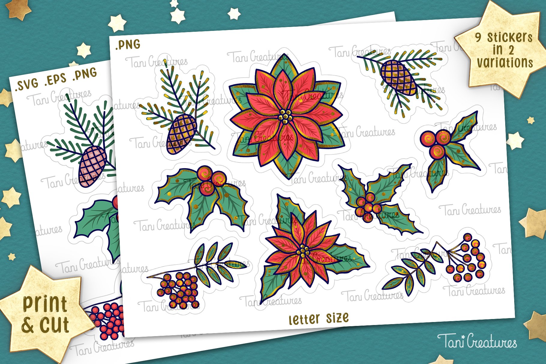 Christmas Floral - Printable Glitter Stickers for Cricut