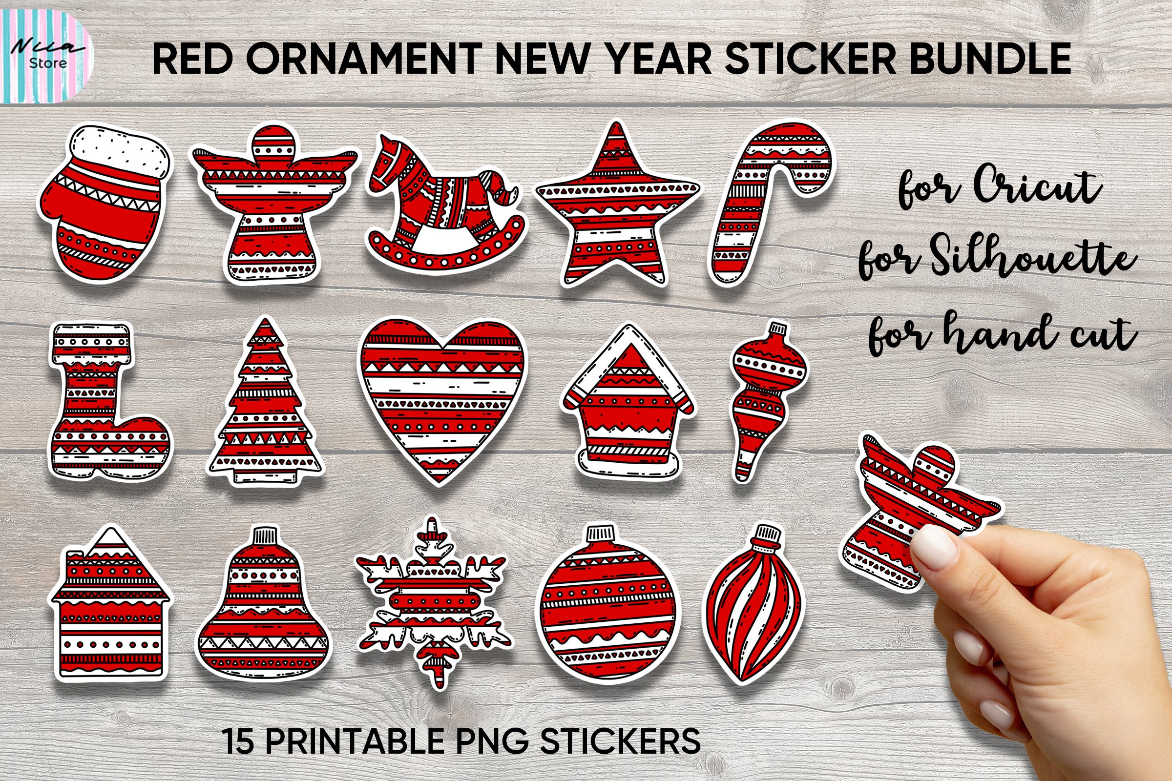 Red Ornament New Year Printable Sticker Cricut Bundle 15 PNG