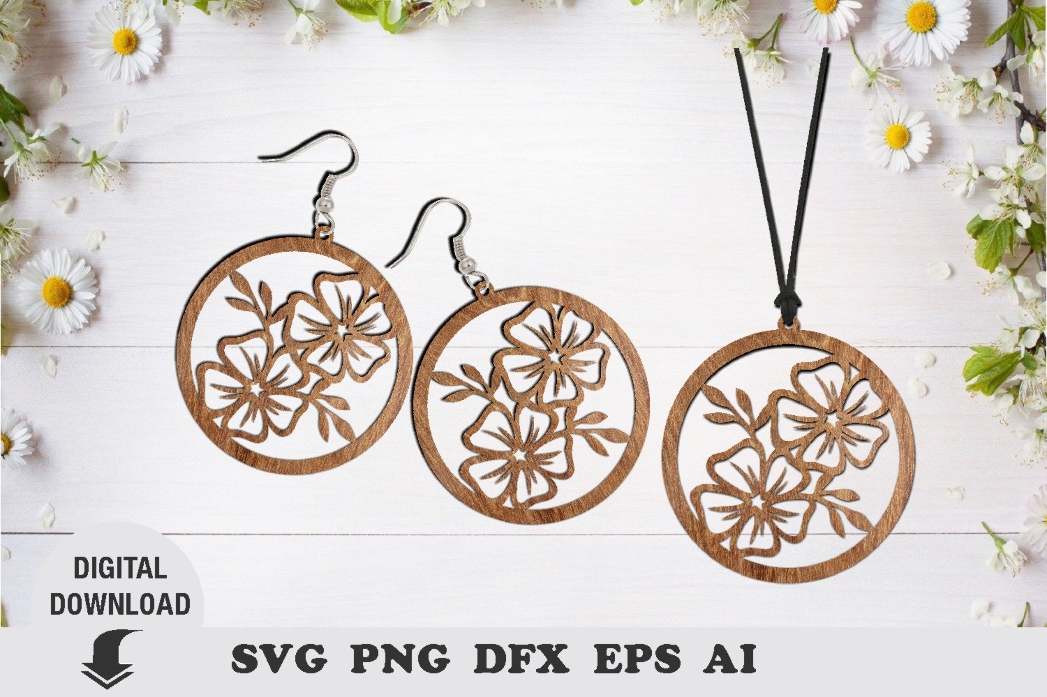 Earring Laser cut file, flower earring and pendant svg view 2
