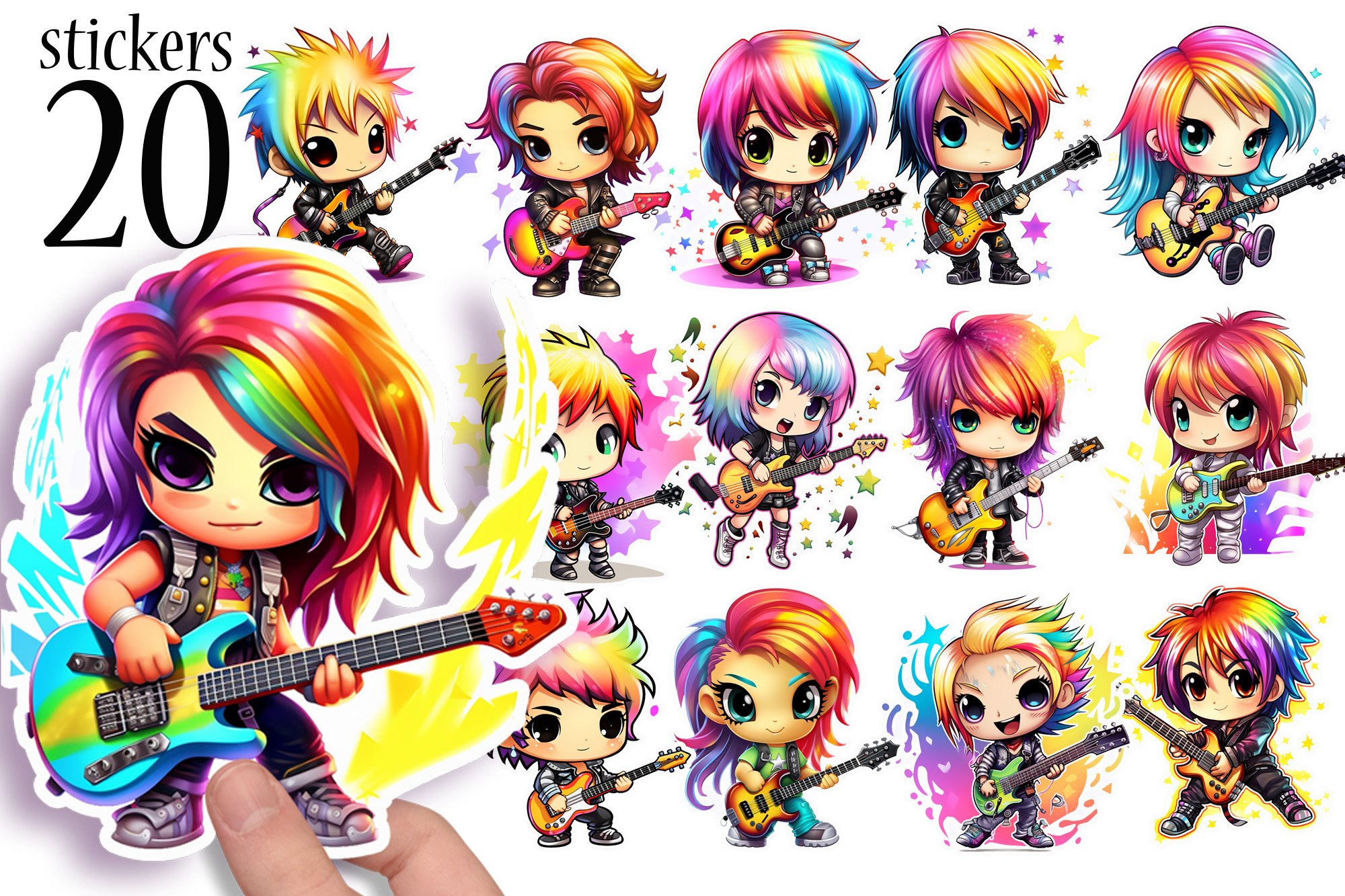 Chibi Girl Stickers - 80s Retro Music Stickers Printable PNG