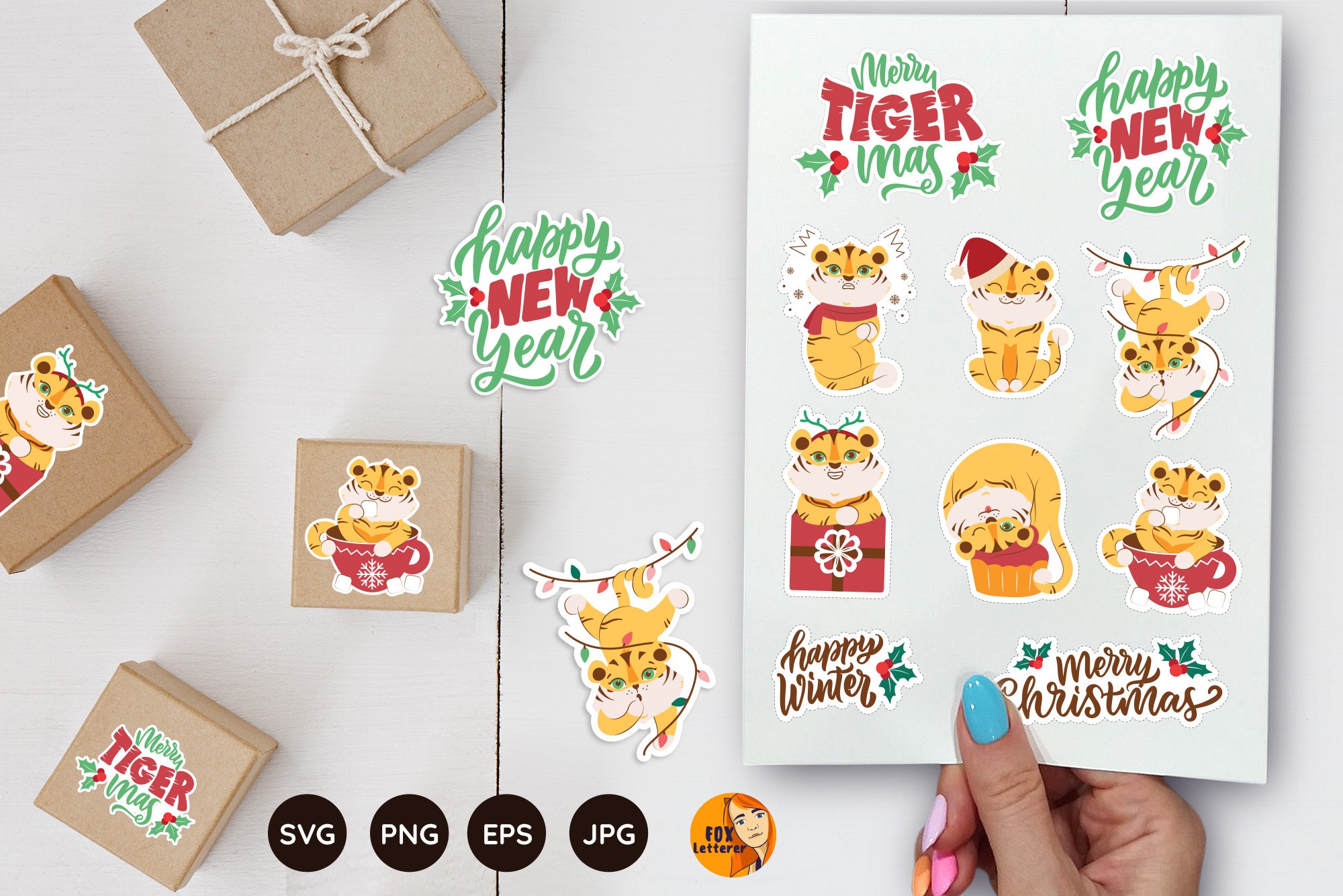 Cartoon tigers, quotes for Christmas. Printable stickers svg