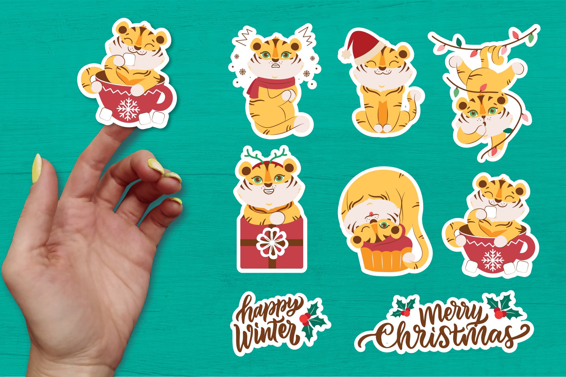 Cartoon tigers, quotes for Christmas. Printable stickers svg view 2