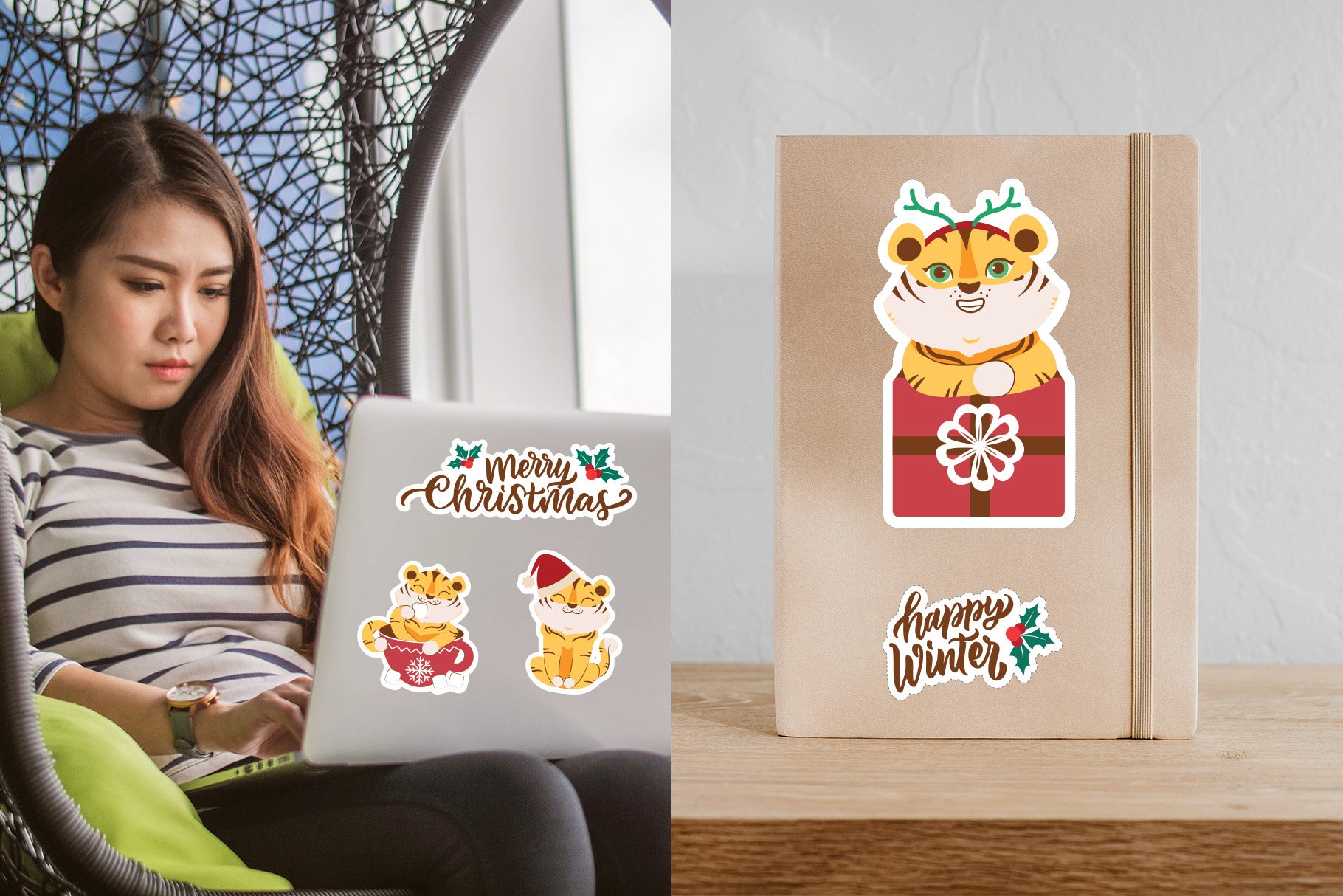 Cartoon tigers, quotes for Christmas. Printable stickers svg view 3