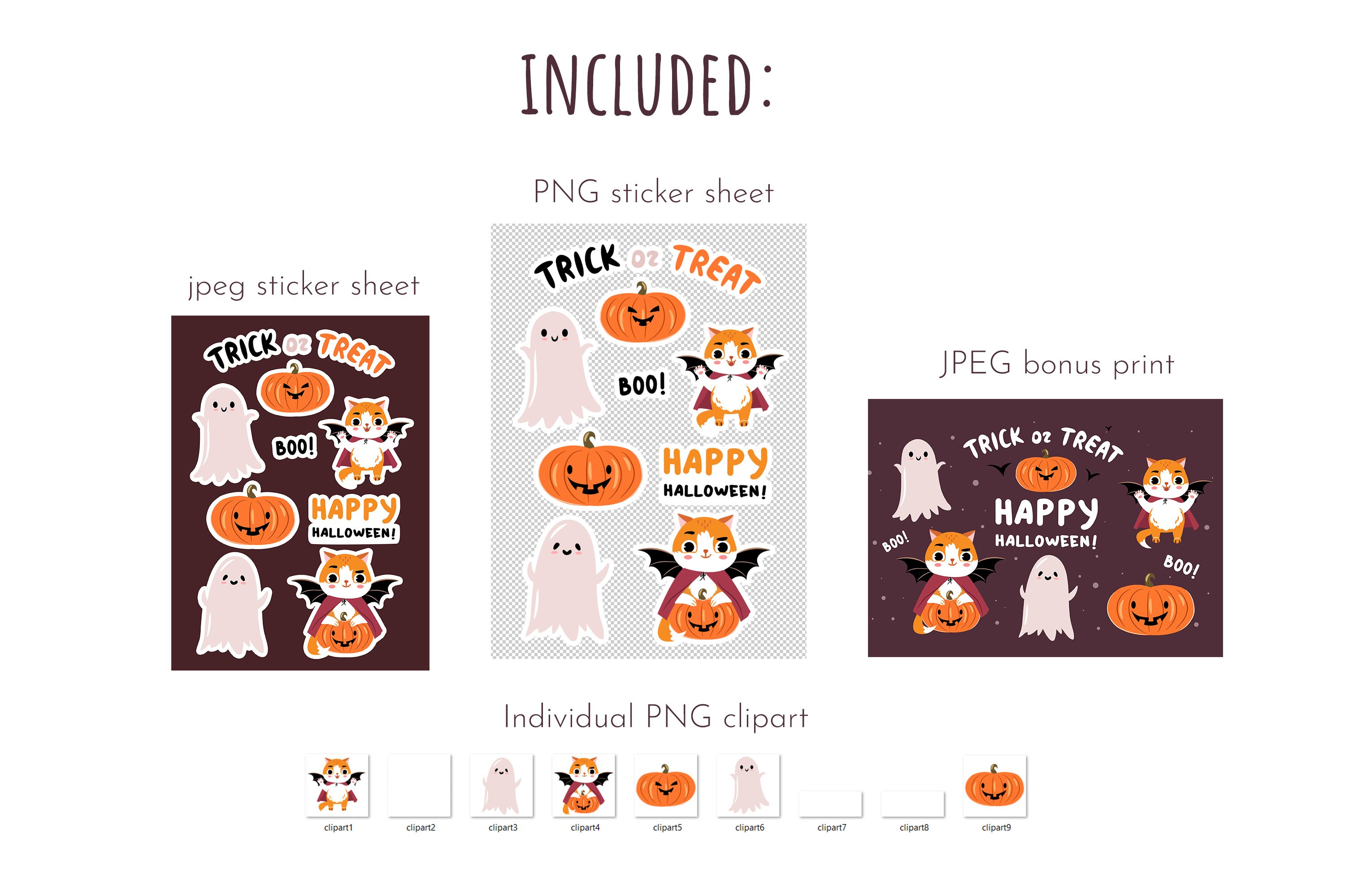 Cute and spooky clipart PNG. Halloween sticker sheet view 2