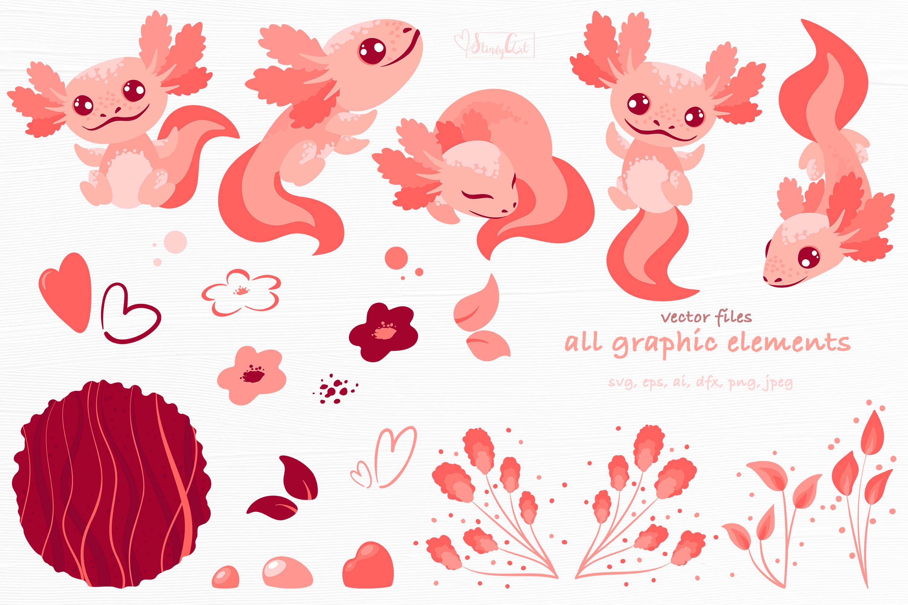 Pink Axolotl bundle - watercolor png, digital paper, svg view 2