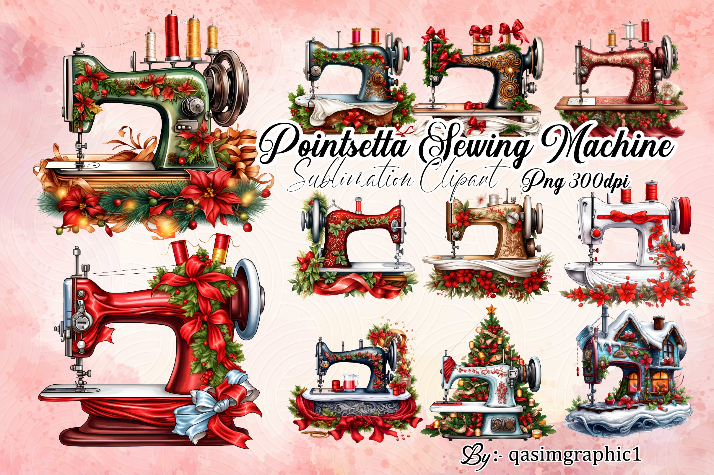 Sewing Machine with Flowers Clipart Bundle
