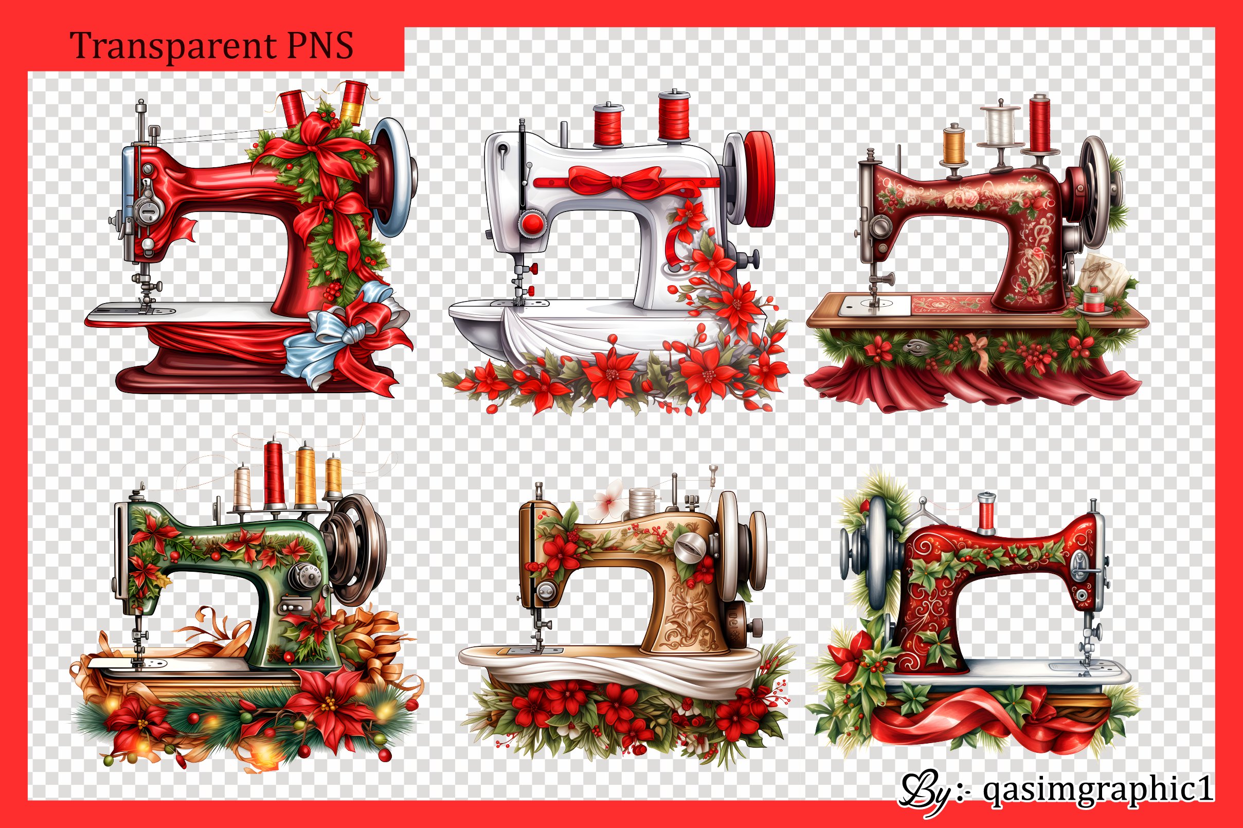 Sewing Machine with Flowers Clipart Bundle view 3