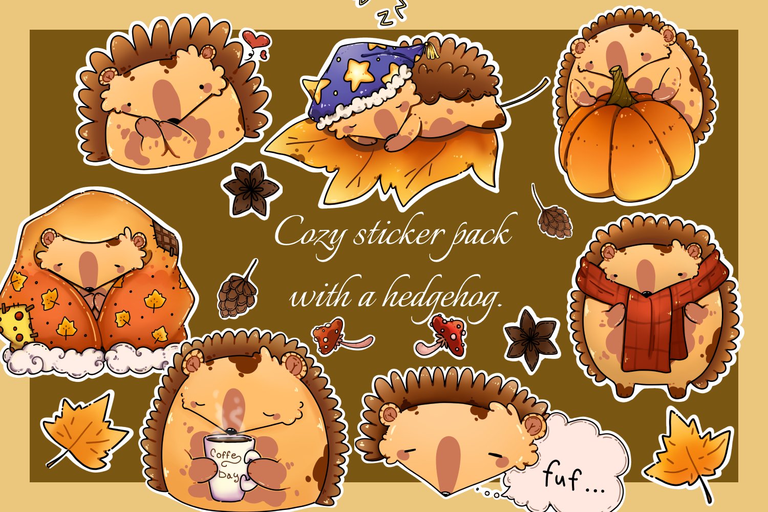 Stickers Cozy Autumn Stickers Funny Hedgehog Cottagecore