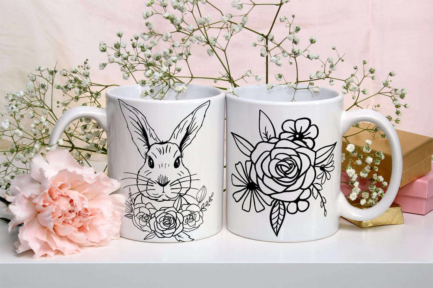 Easter Line Art Bunnies, Eggs, Flowers SVG view 2