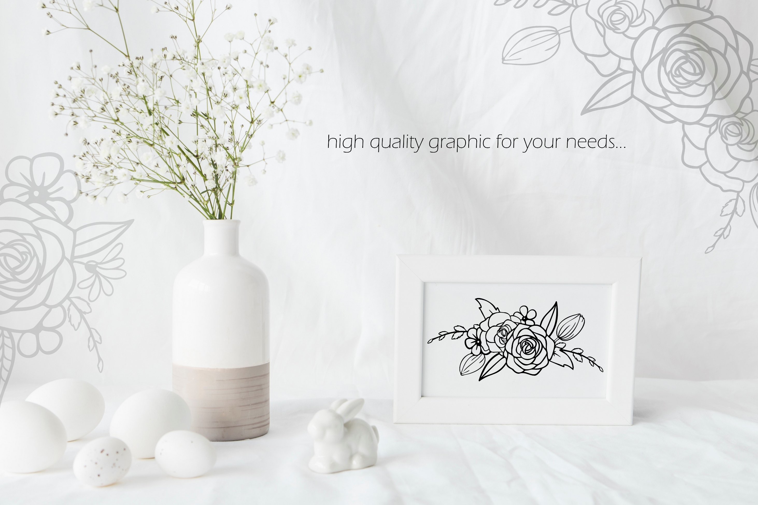 Easter Line Art Bunnies, Eggs, Flowers SVG view 3