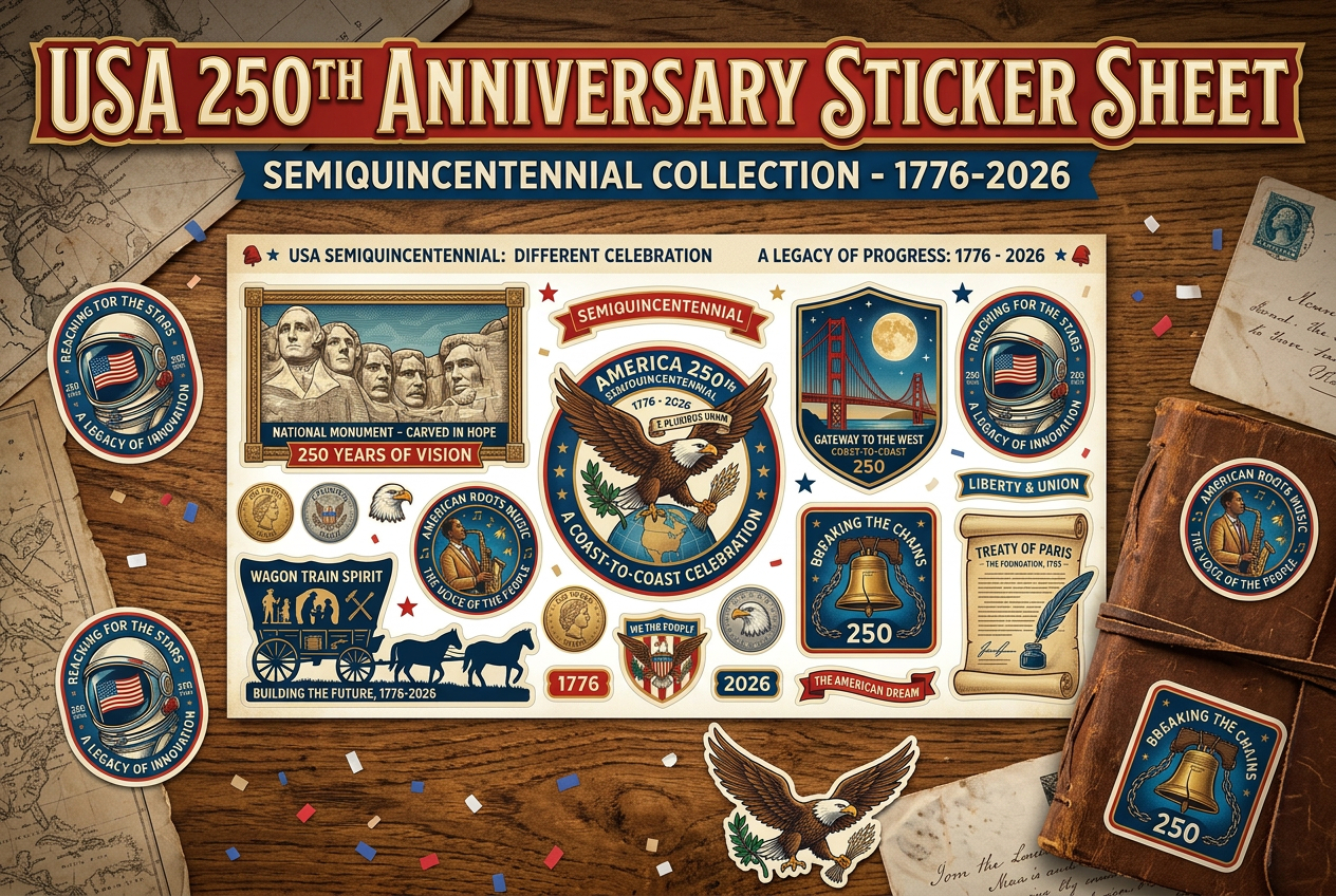 250th Anniversary Sticker Sheet 4th of July 2026 PNG JPG PDF