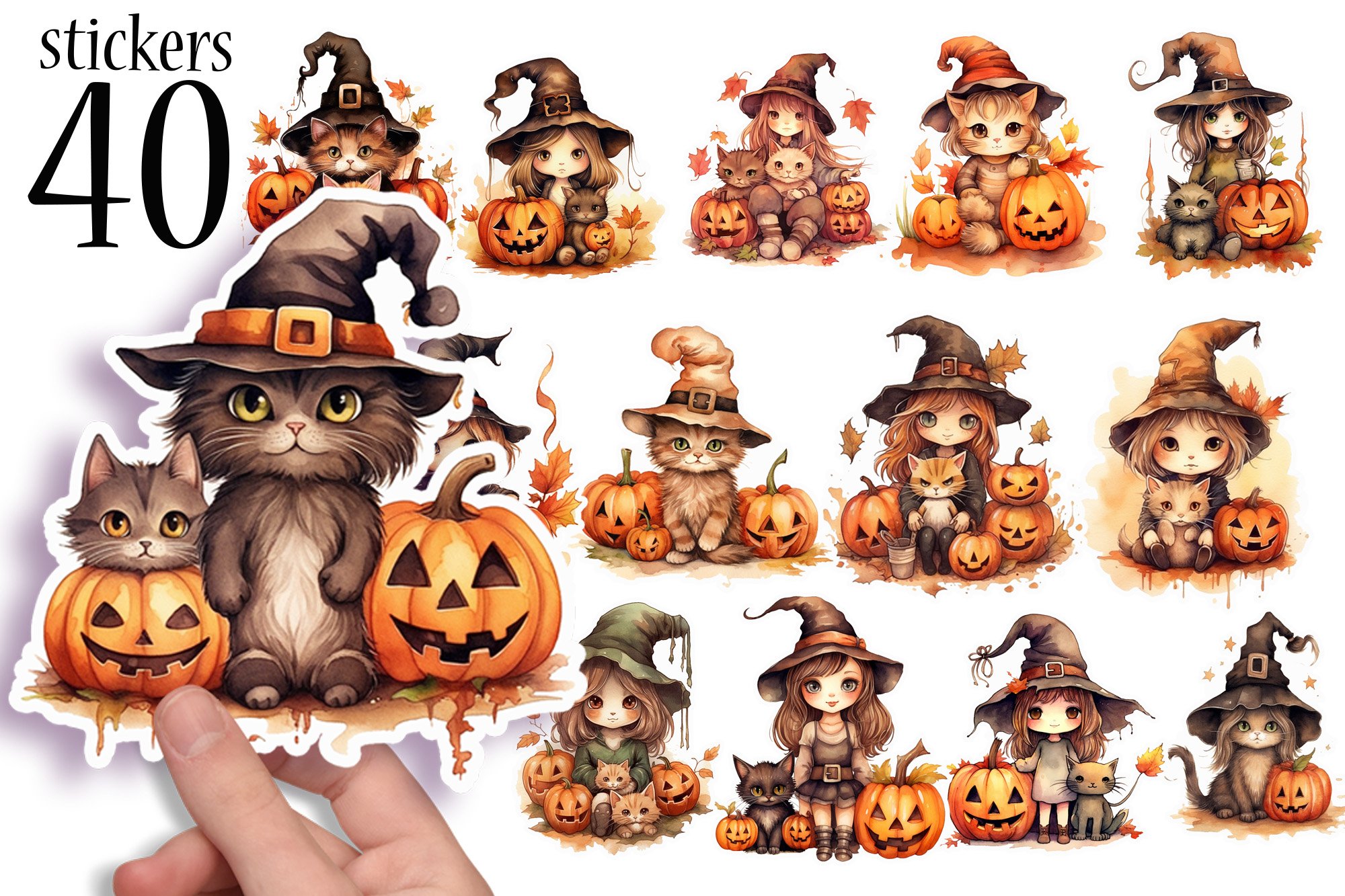Cute Witch   Cat Halloween Sticker Sheets - 40 PNG Stickers