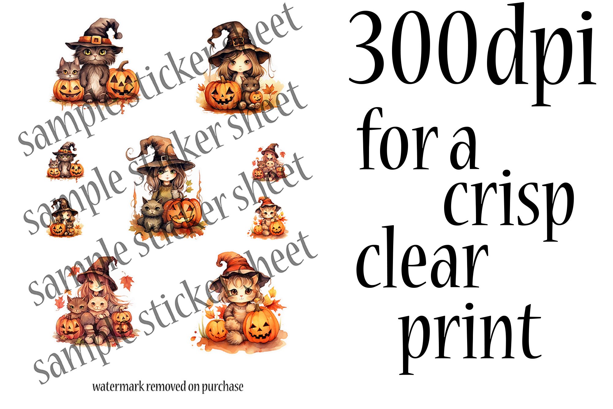 Cute Witch   Cat Halloween Sticker Sheets - 40 PNG Stickers view 3