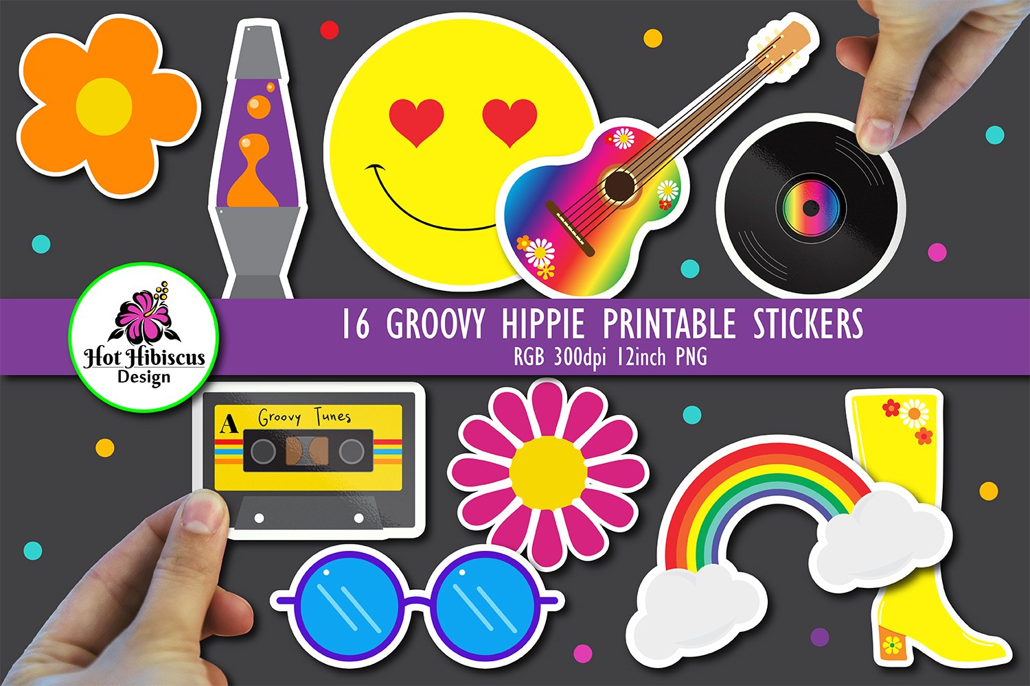 Retro 70s Groovy Hippie Printable Stickers Bundle