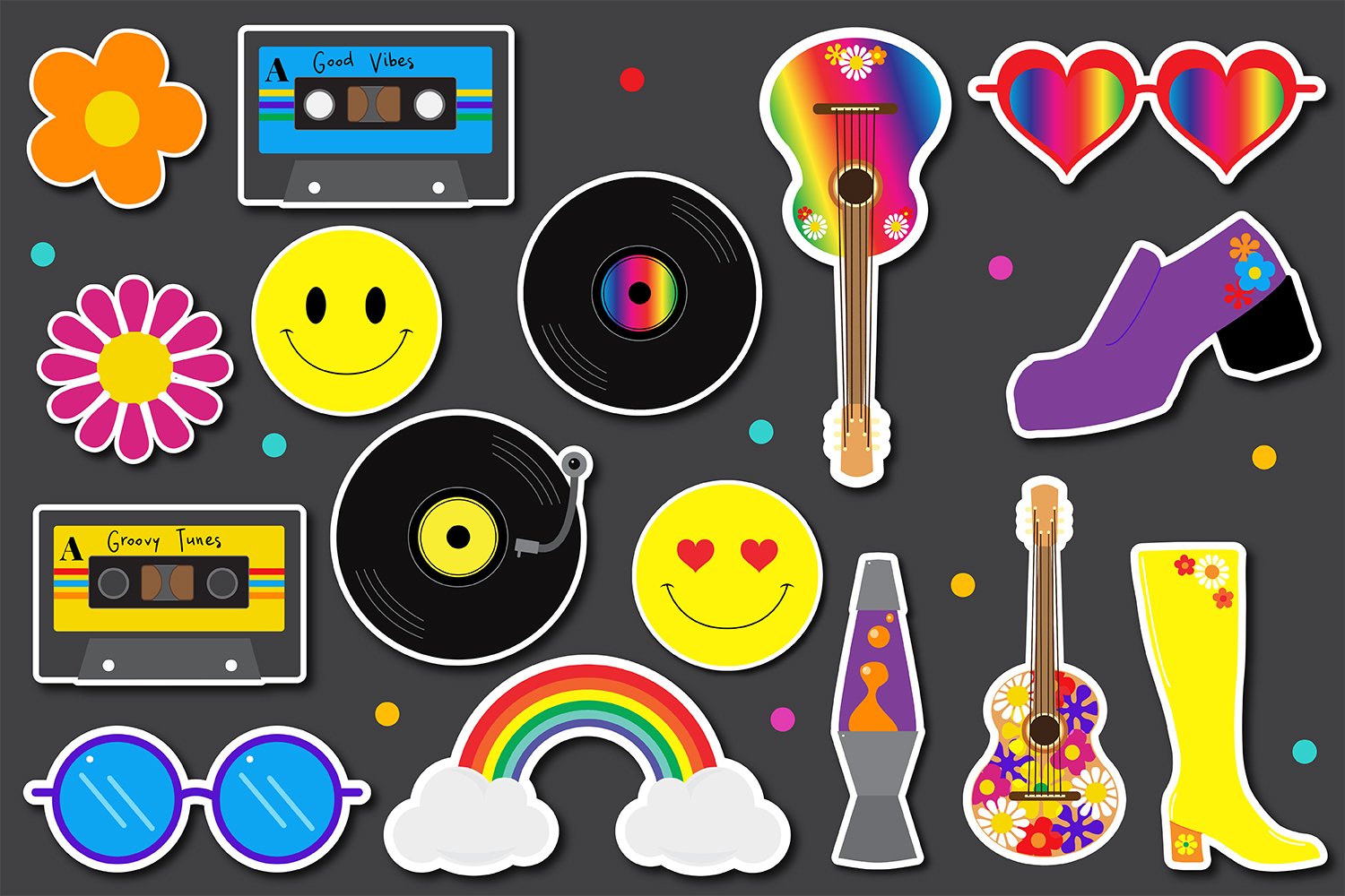 Retro 70s Groovy Hippie Printable Stickers Bundle view 2