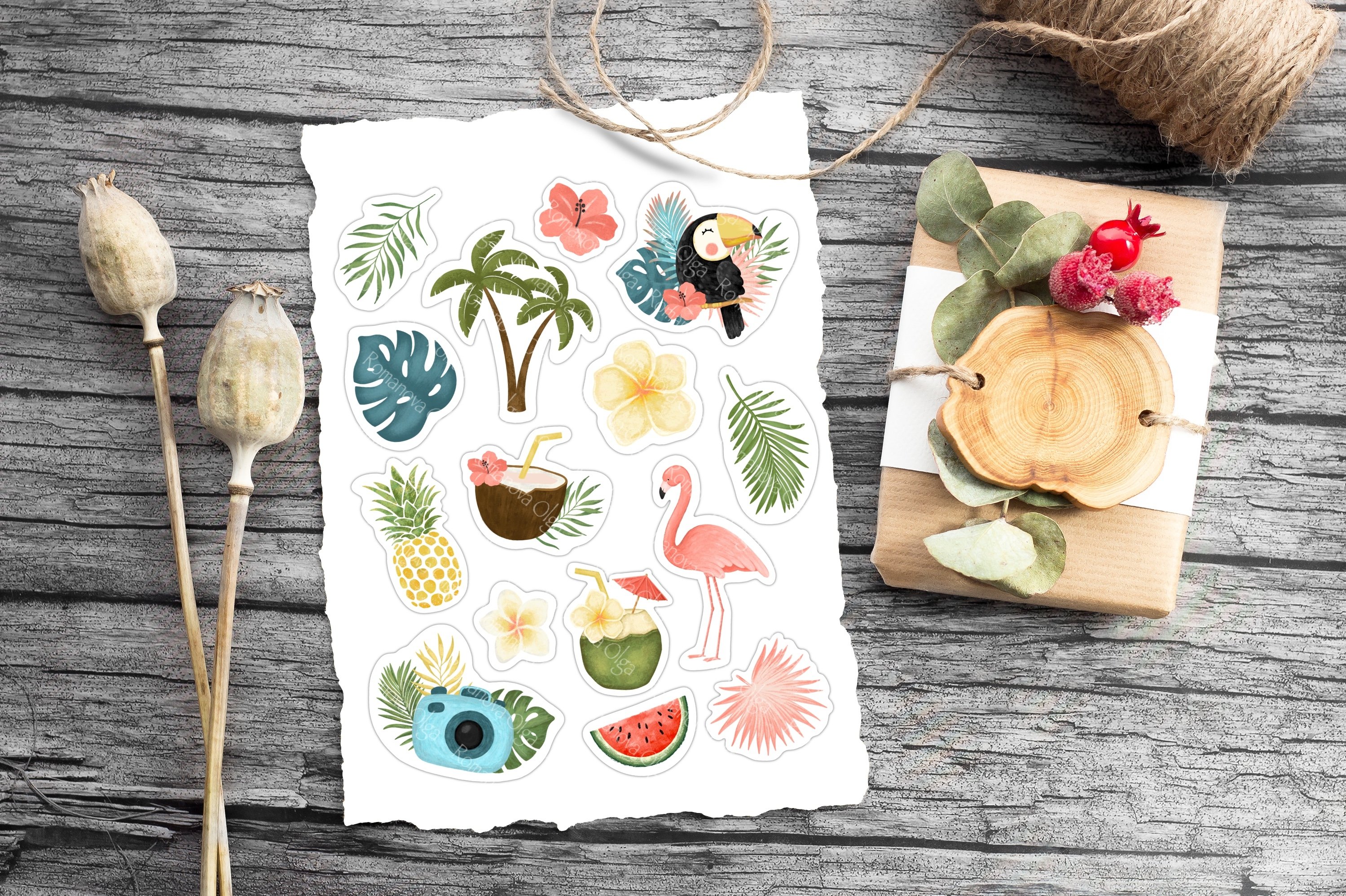 Summer stickers. Tropical illustrations view 2