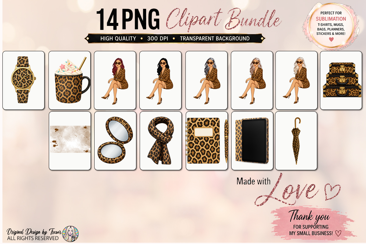 Leopard Fashion Girls Clipart PNG Bundle | 14 Chic Elements view 2