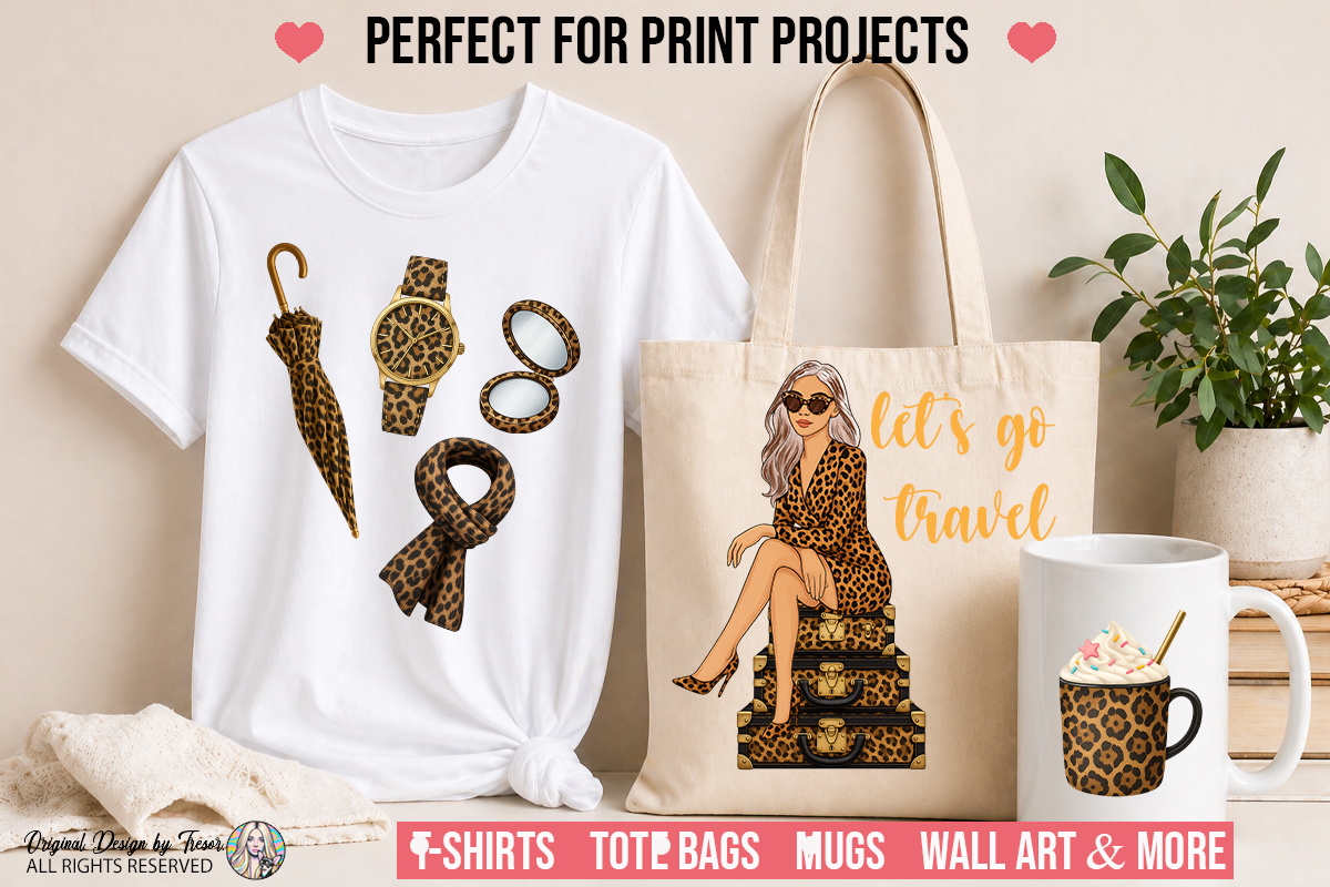 Leopard Fashion Girls Clipart PNG Bundle | 14 Chic Elements view 3