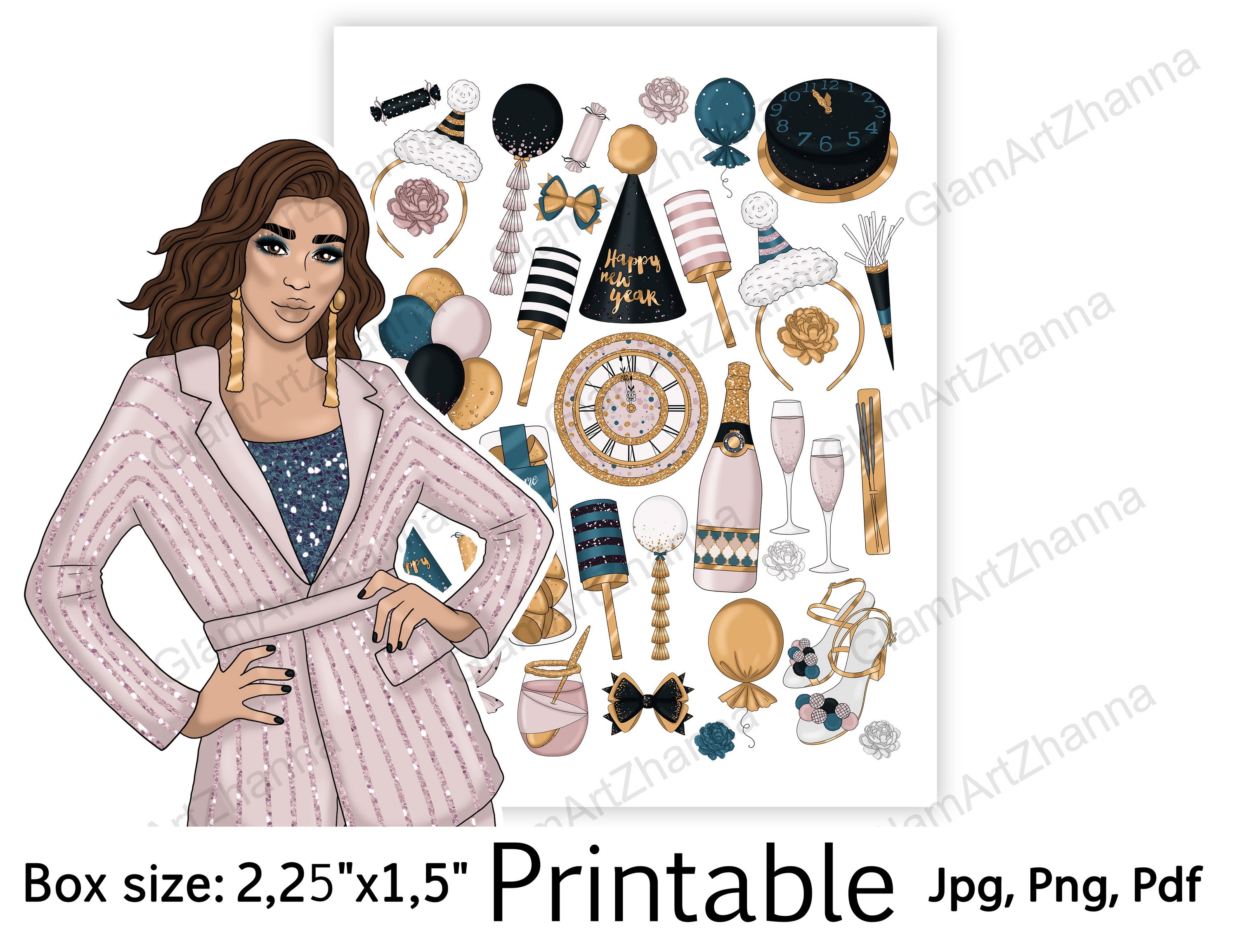 Happy New Year! Printable Sticker BoxSize 2,25"x1,5" view 3