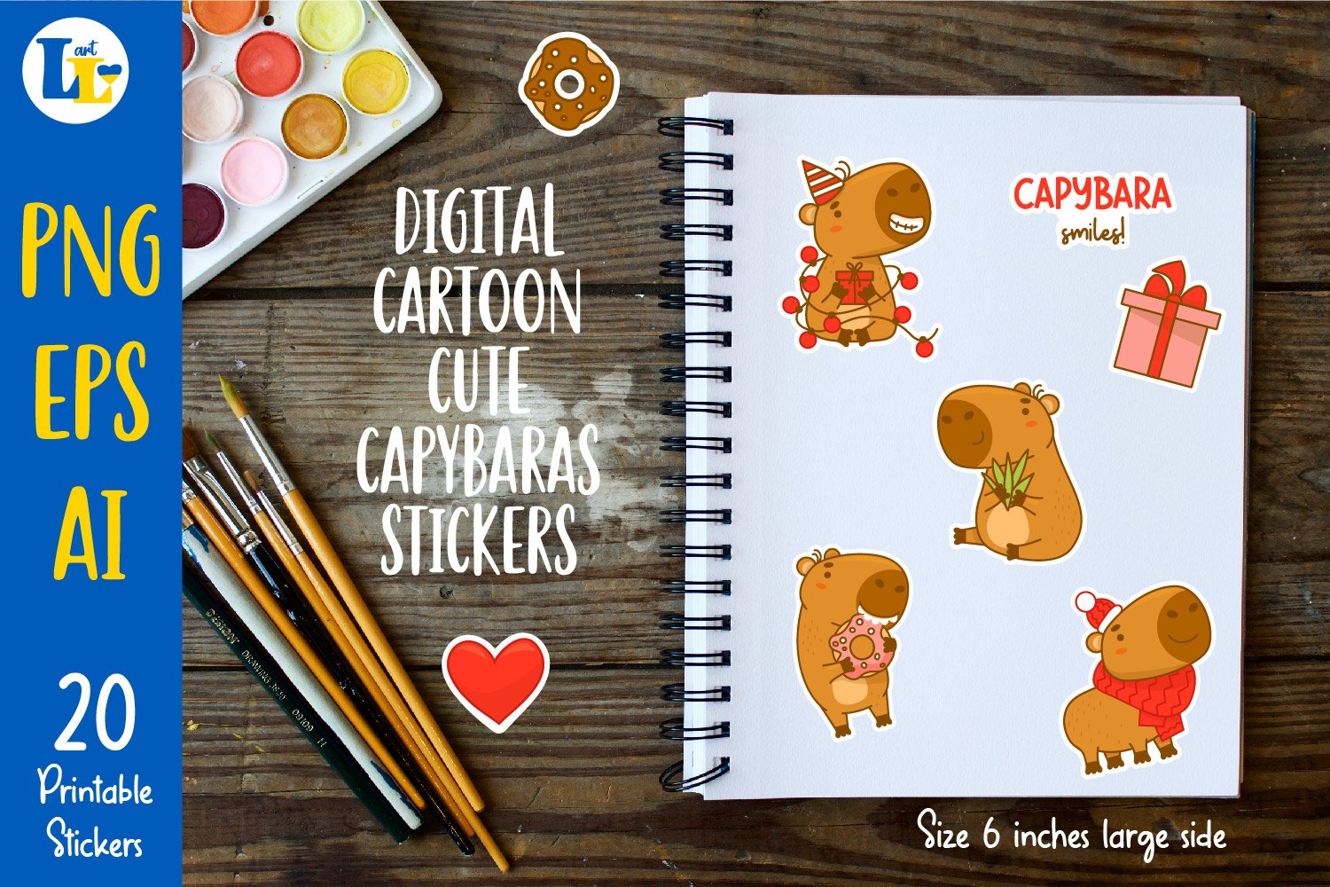 Printable digital stickers|Cute animals capybaras characters view 2