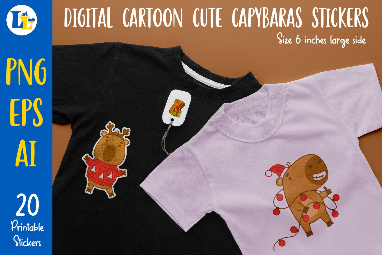 Printable digital stickers|Cute animals capybaras characters view 3