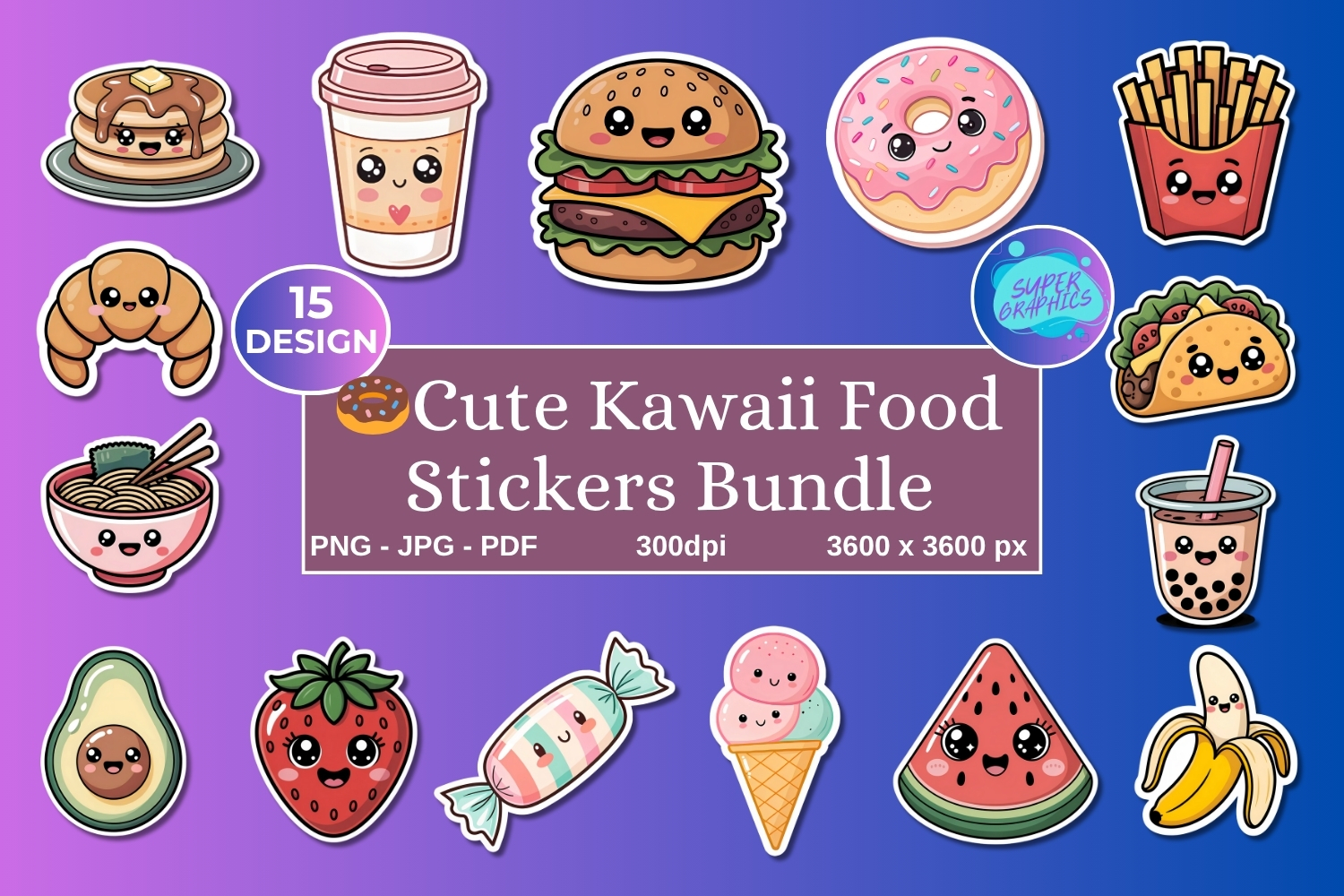 Printable Kawaii Cute Food Stickers Bundle PNG JPG PDF