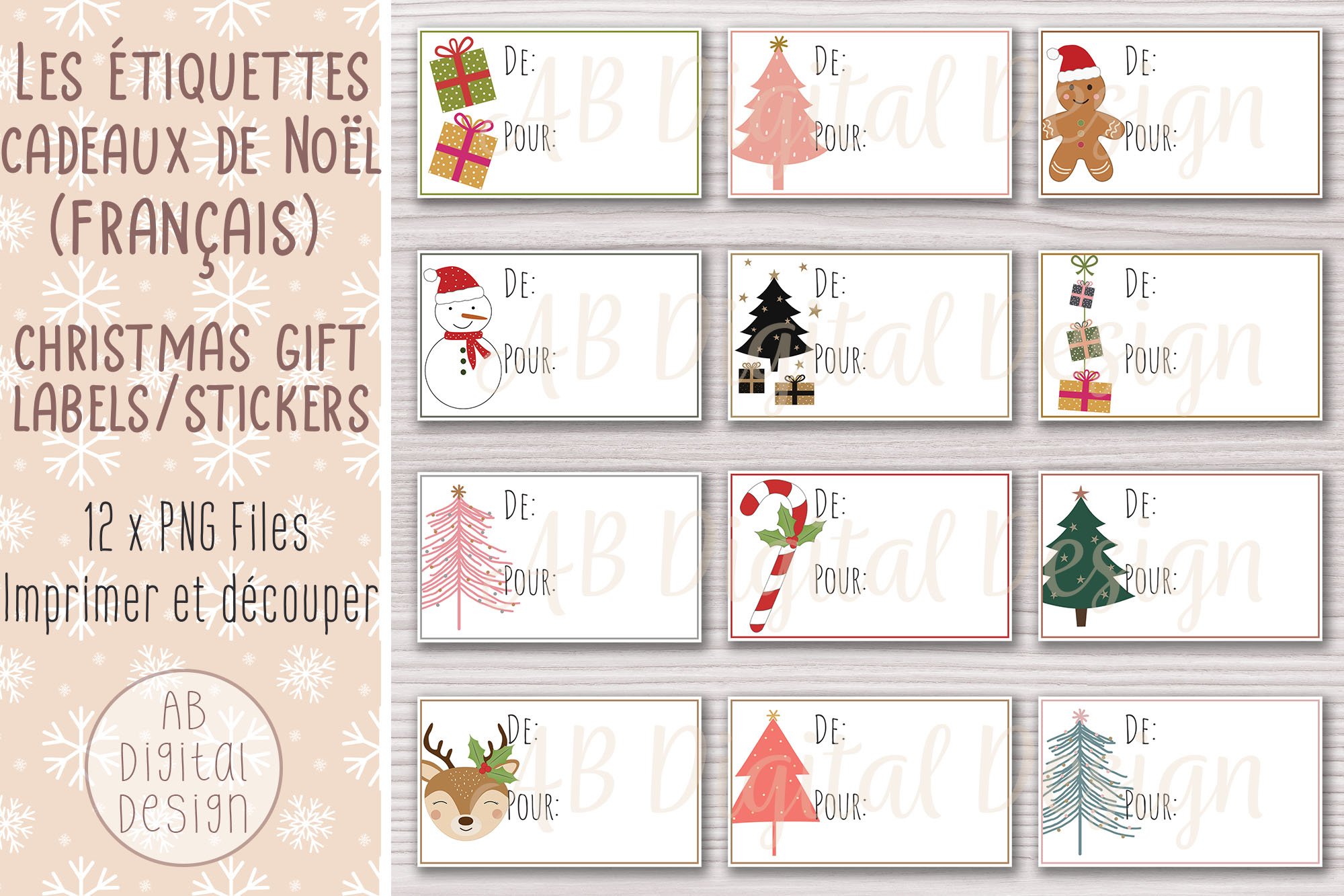 Français Christmas Stickers | Gift Tag Labels | Print   Cut