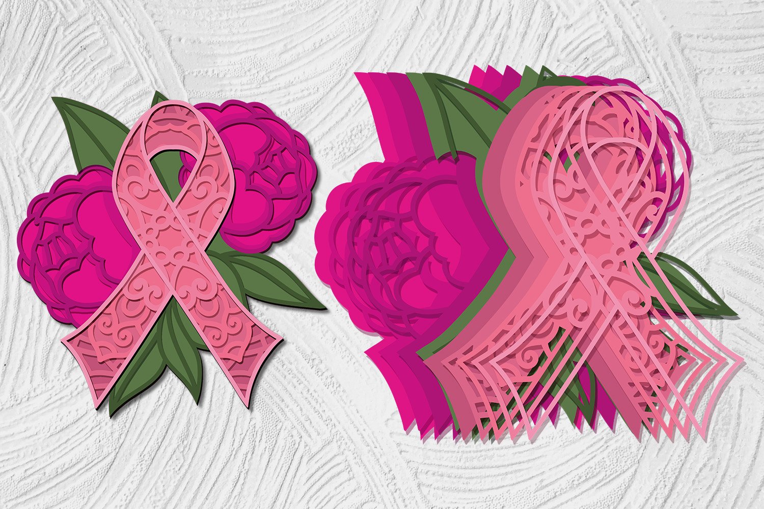 3D Pink Ribbons Layered bundle of 5 designs Breast Cancer view 2