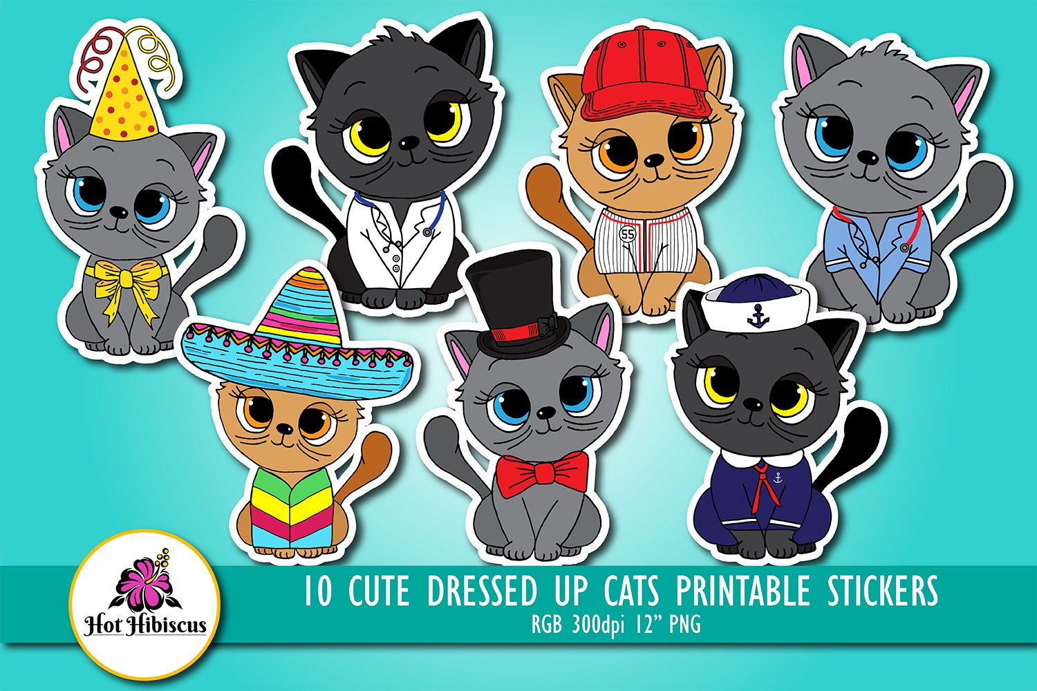 Cute Cat Stickers | Dressed up Cats Printable Stickers PNG