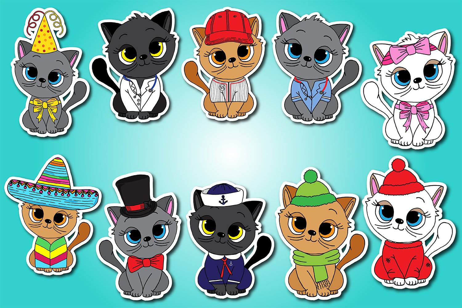 Cute Cat Stickers | Dressed up Cats Printable Stickers PNG view 2