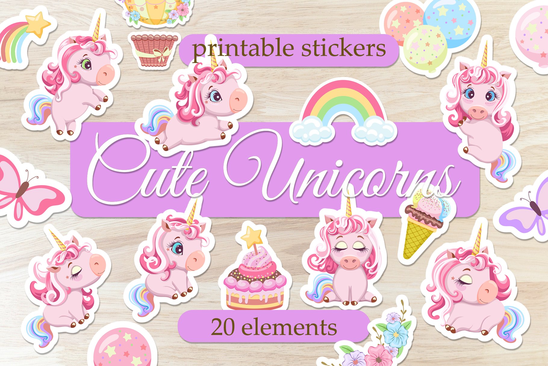 Cute Unicorns Birthday Stickers/Printable Sticker Bundle/PNG
