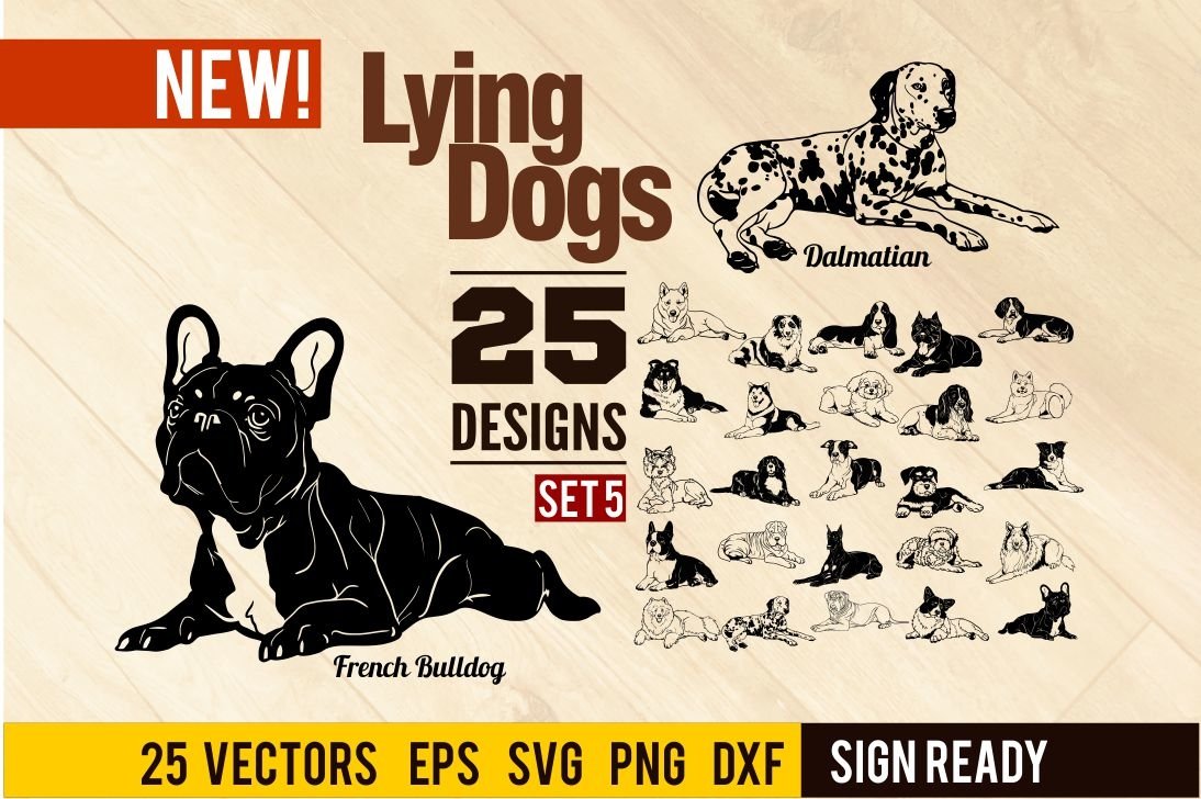 Lying Dogs Set 5, Bundle Breed Dog, Head Face, Cut vector