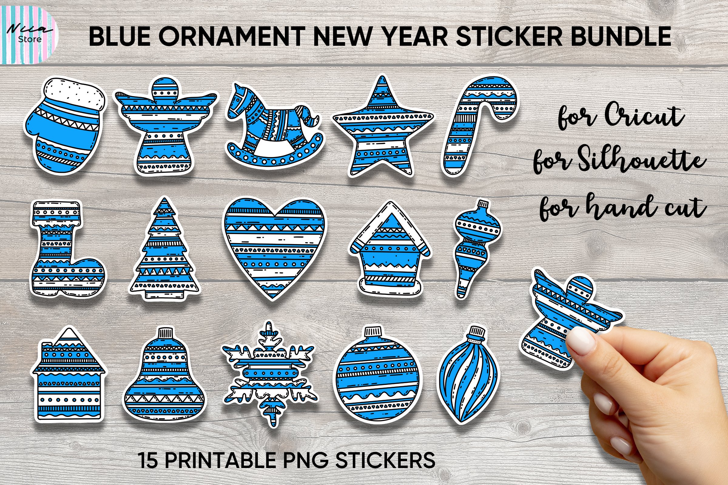 Blue Ornament New Year Printable Sticker Cricut Bundle PNG