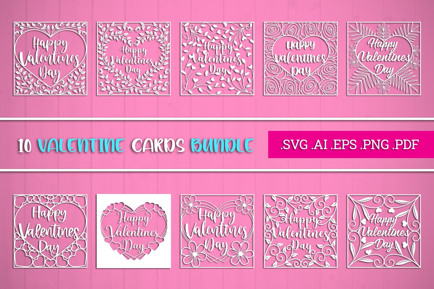Bundle of 10 Valentine Cards SVG