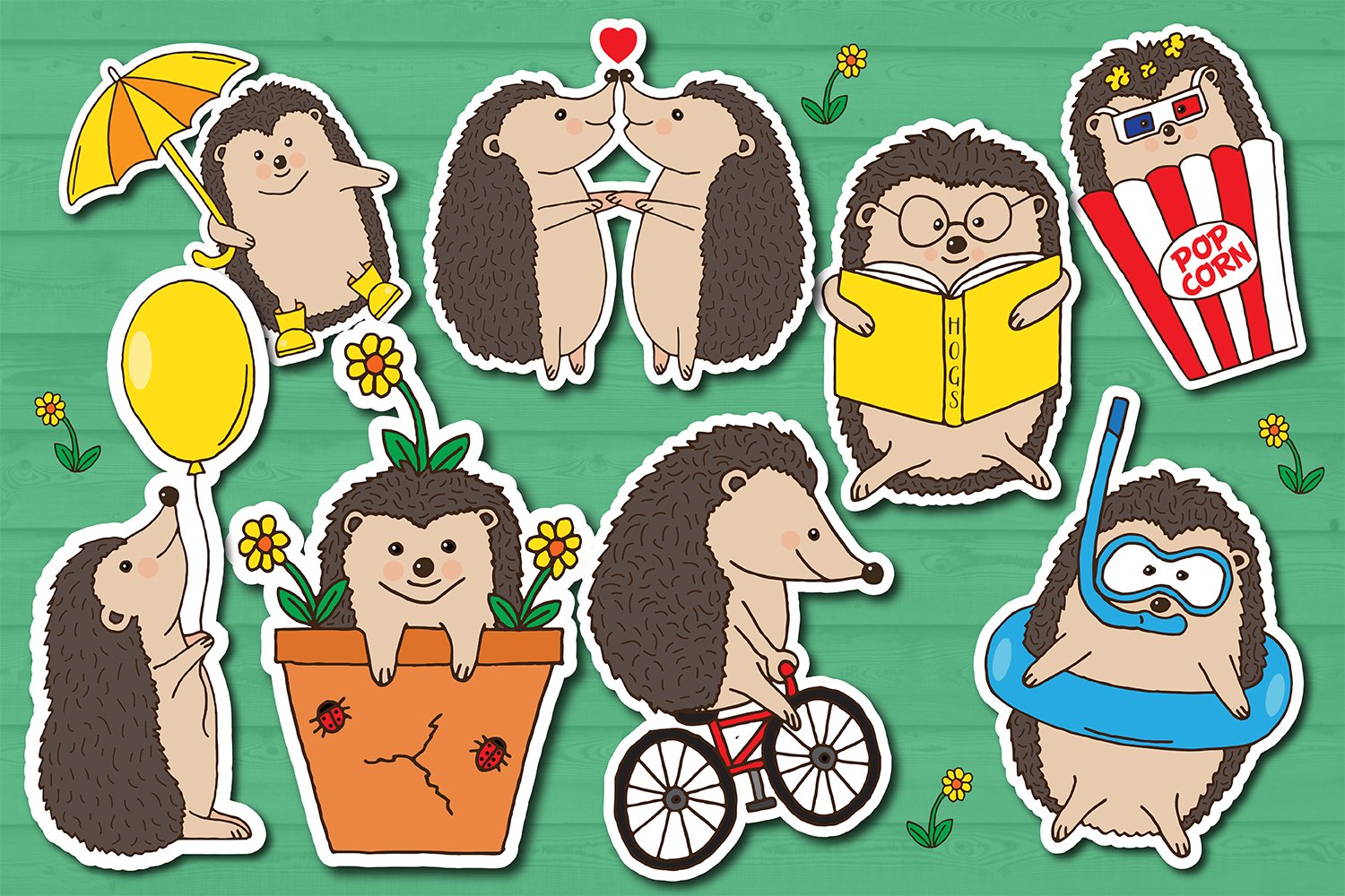 Summer Hedgehog Stickers Set, Cute Hedgehogs Sticker Bundle view 2