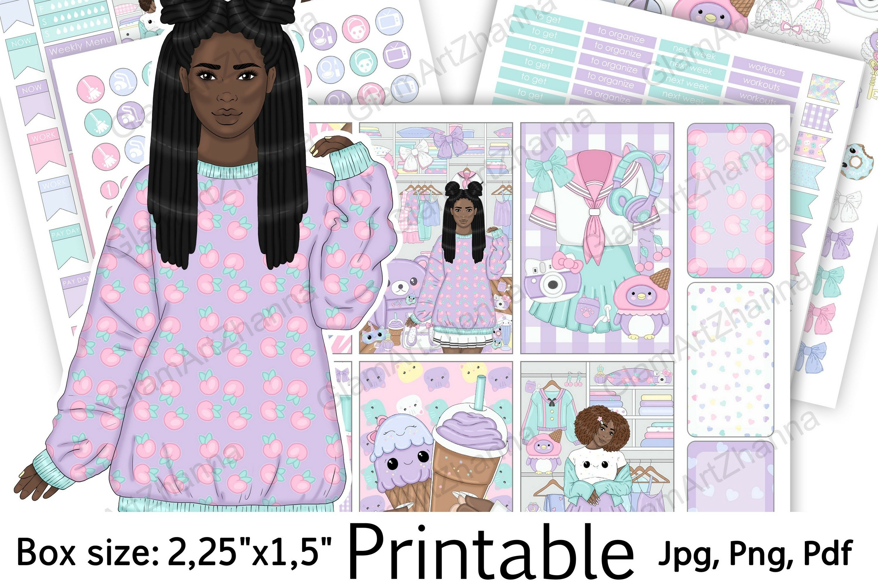 African American Kawaii Printable Sticker BoxSize 2,25"x1,5"