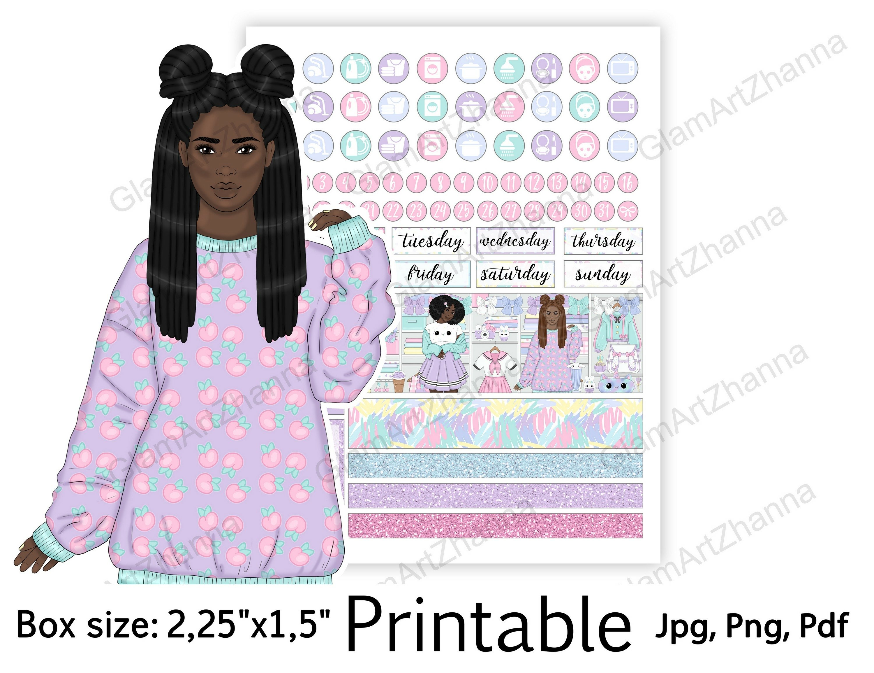 African American Kawaii Printable Sticker BoxSize 2,25"x1,5" view 3