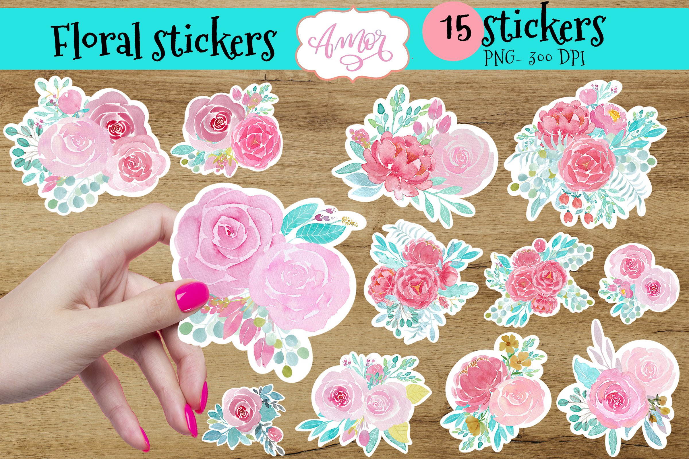 Watercolor Floral Printable stickers, 15 PNG