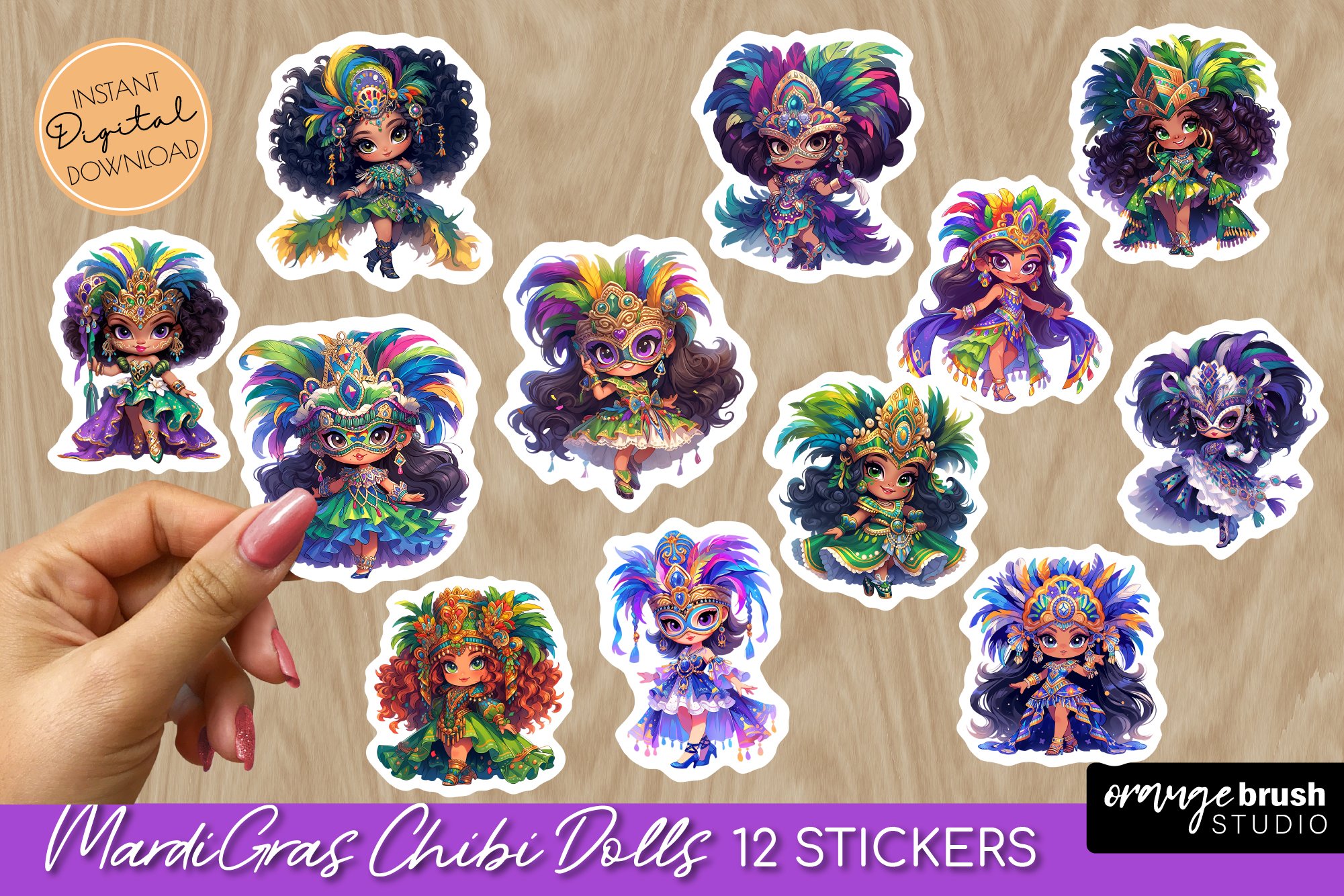 Mardi Gras Stickers, Chibi Dolls Printable Stickers PNG