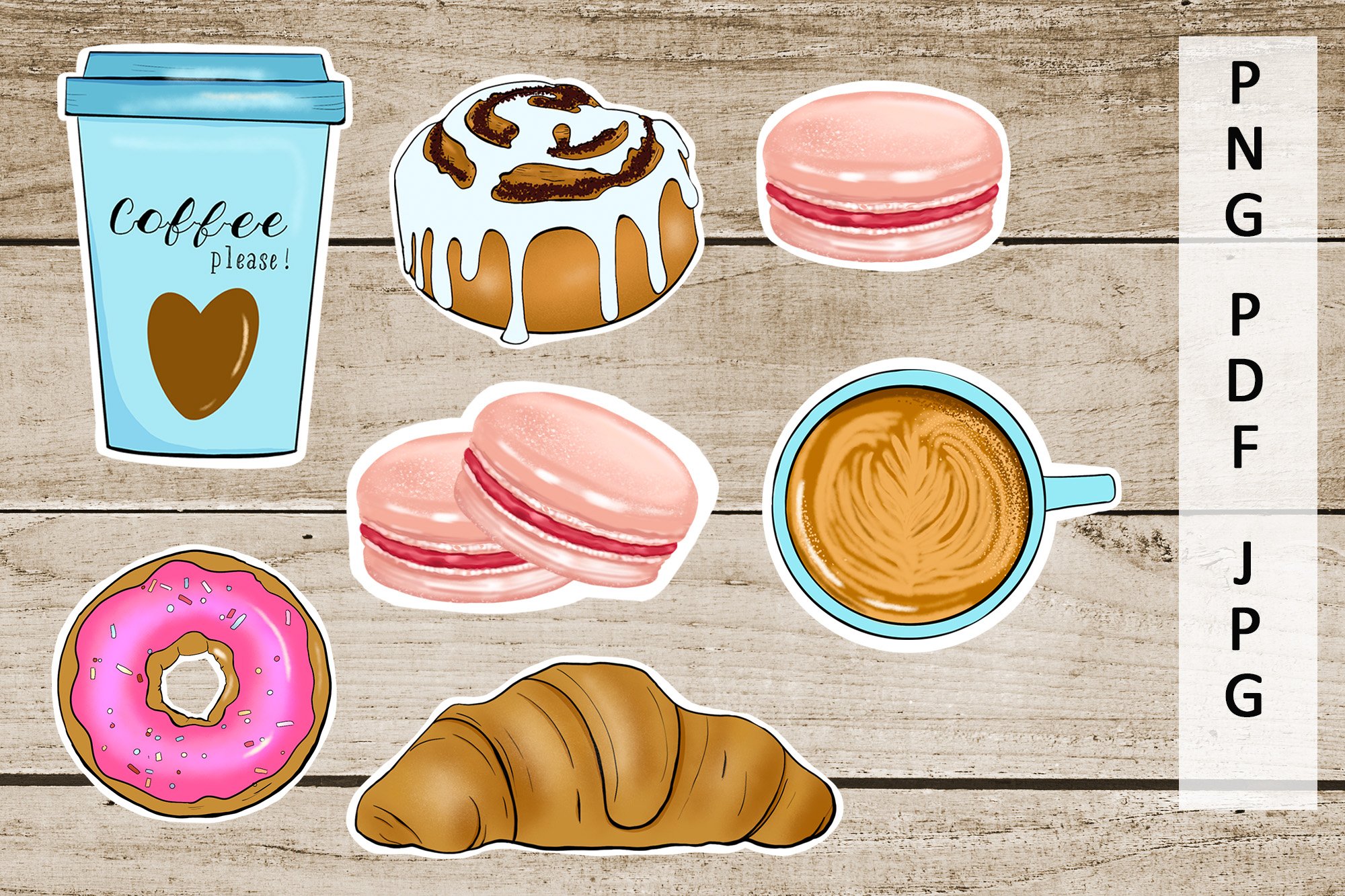 Stickers Coffee, Cinnabon, Croissant png. Food stickers.