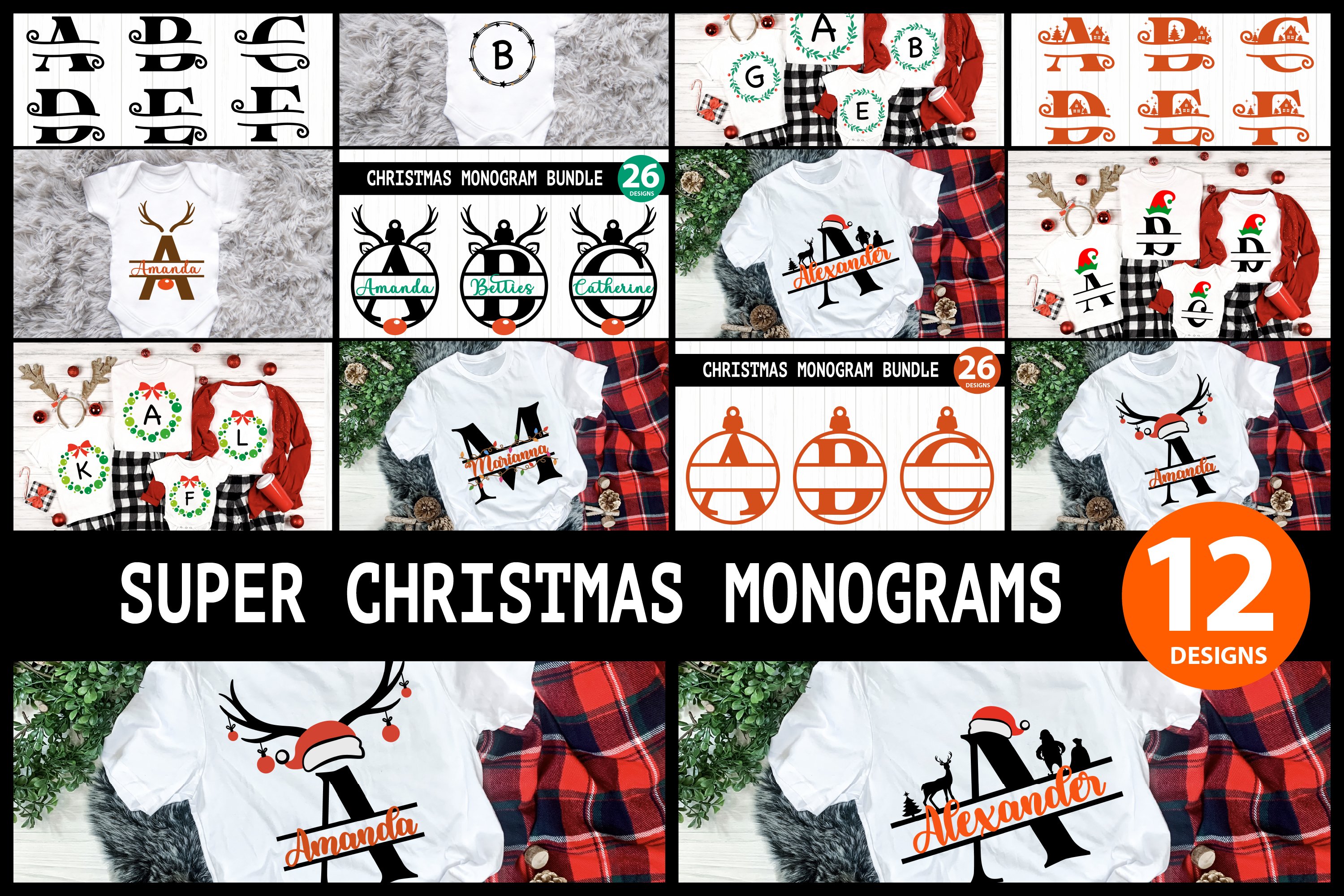 12 Christmas Split Monogram Alphabets, bundle SVG